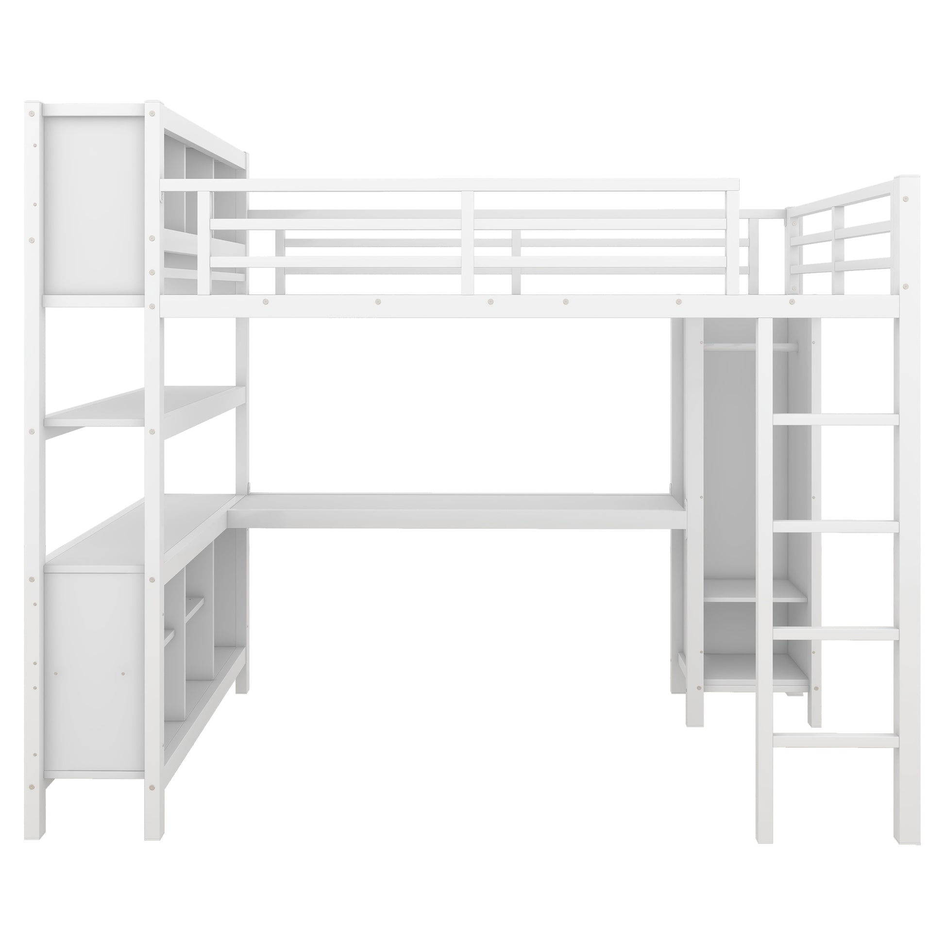 Metal Loft Bed With Wardrobe And L Shaped Desk, Full Size Loft Bed With Storage Cubes And Shelves, Heavy Duty Loft Bed For Kids Teens Adults, White Full Off White Metal