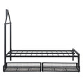 Twin Size Metal Platform Bed With Two Drawers,House Shaped Headboard Design, Black Twin Black Metal