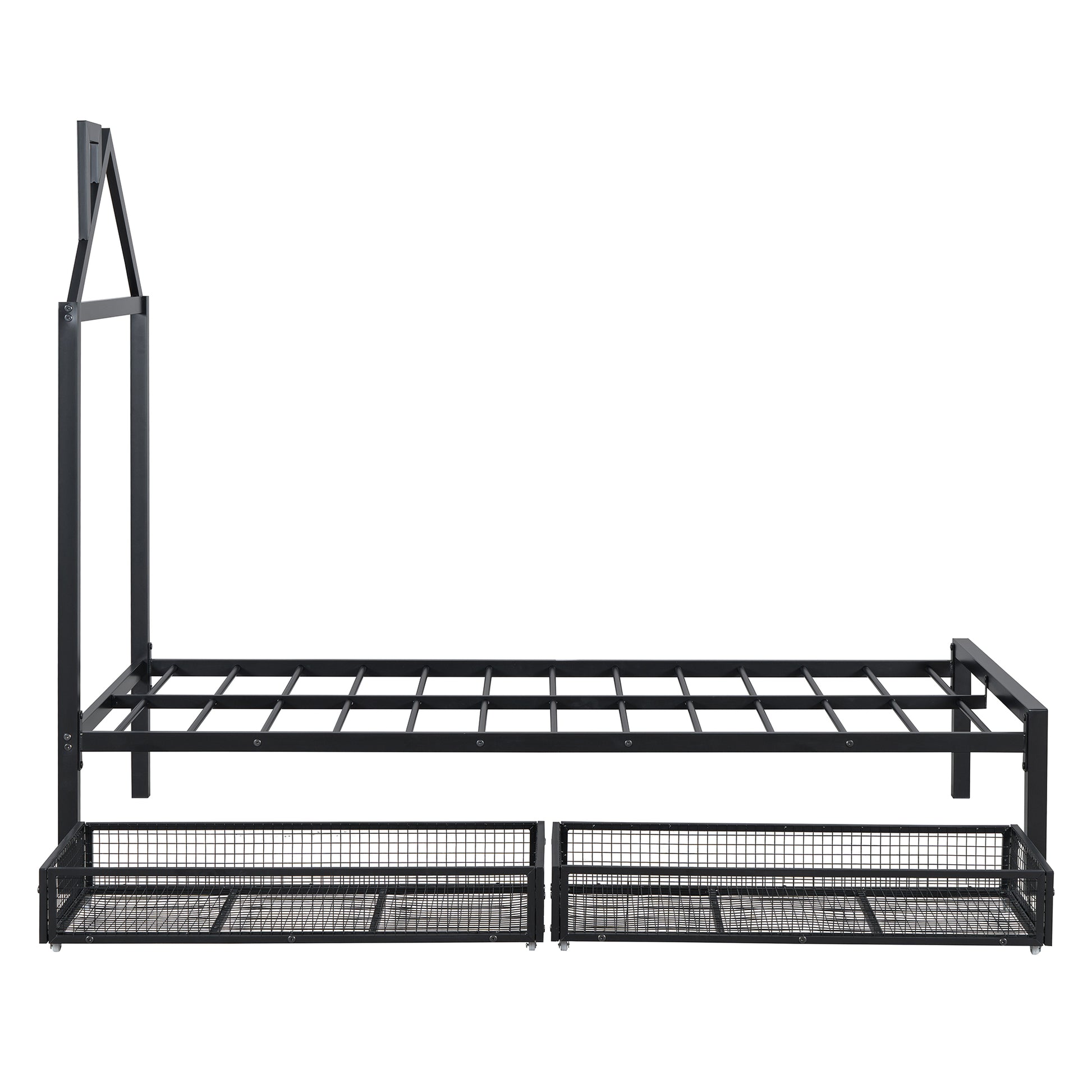 Twin Size Metal Platform Bed With Two Drawers,House Shaped Headboard Design, Black Twin Black Metal