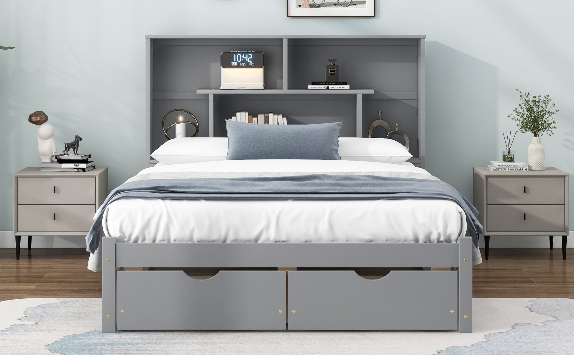 Full Size Platform Bed With Storage Headboard And 2 Drawers, Gray Box Spring Not Required Full Gray Wood Bedroom Bed Frame Solid Wood Mdf