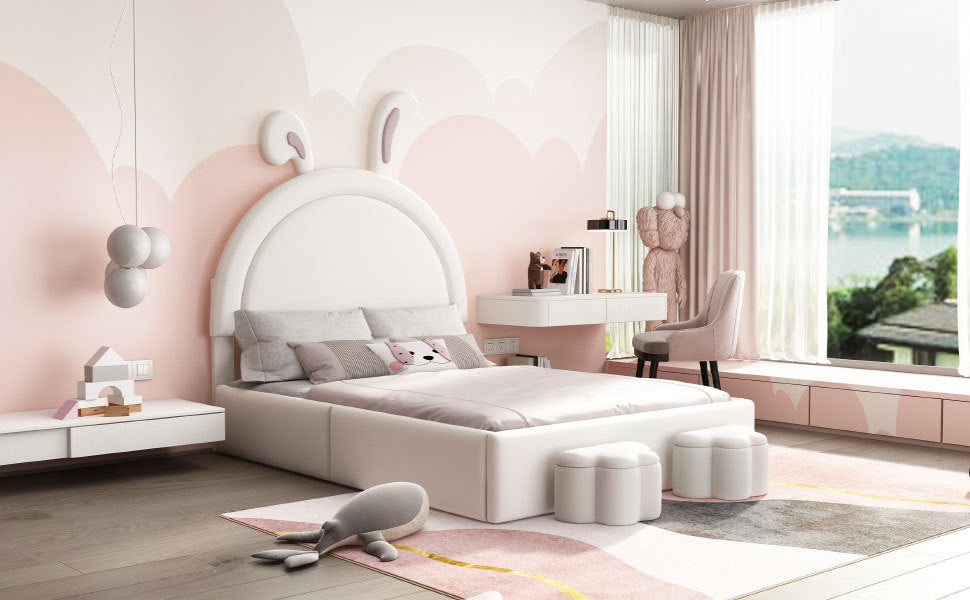 Full Size Upholstered Rabbit Shape Bed With 2 Storage Stools, Velvet Platform Bed With Cartoon Ears Shaped Headboard, White Full White Wood