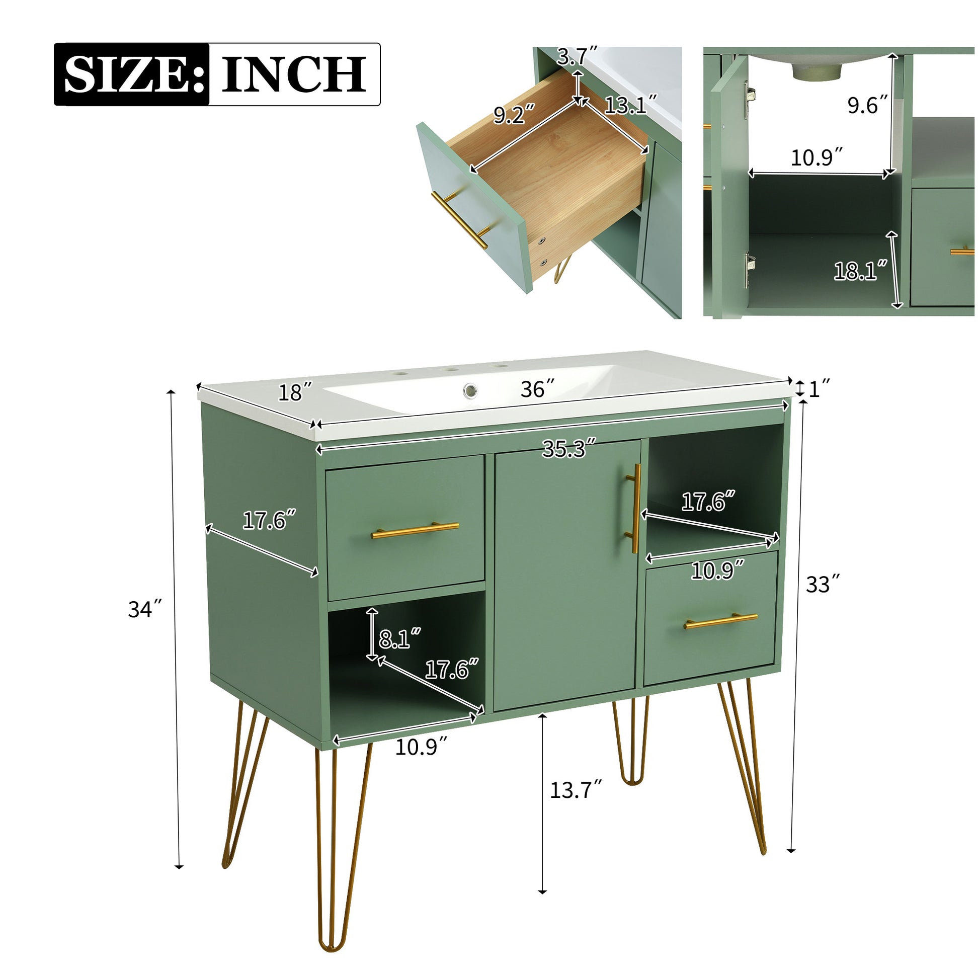 36'' Bathroom Vanity With Resin Sink Combo Set, Modern Freestanding Single Bathroom Cabinet With 2 Drawers & 2 Storage Compartments, Storage Cabinet For Bathroom, Solid Wood Frame Vanity Set, Green Green Bathroom Modern Mdf