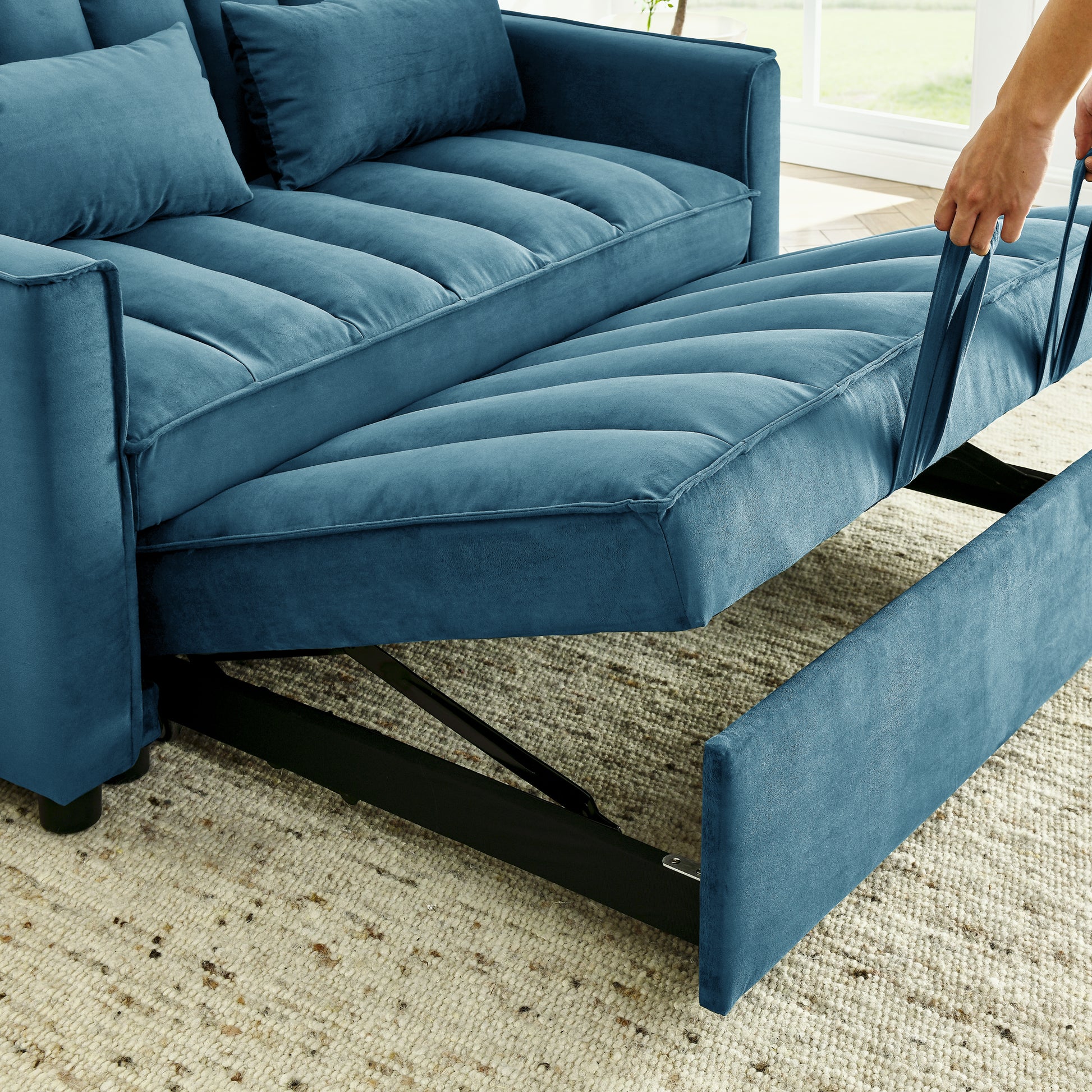 Modern Velvet Seat Sofa Couch Pull Out Bed,3 In One Convertible For Living Room Sofa Bed,Blue Blue Velvet Primary Living Space Cushion Back Medium Soft Medium Duty American Design Pillow Top Arms Foam Velvet 2 Seat
