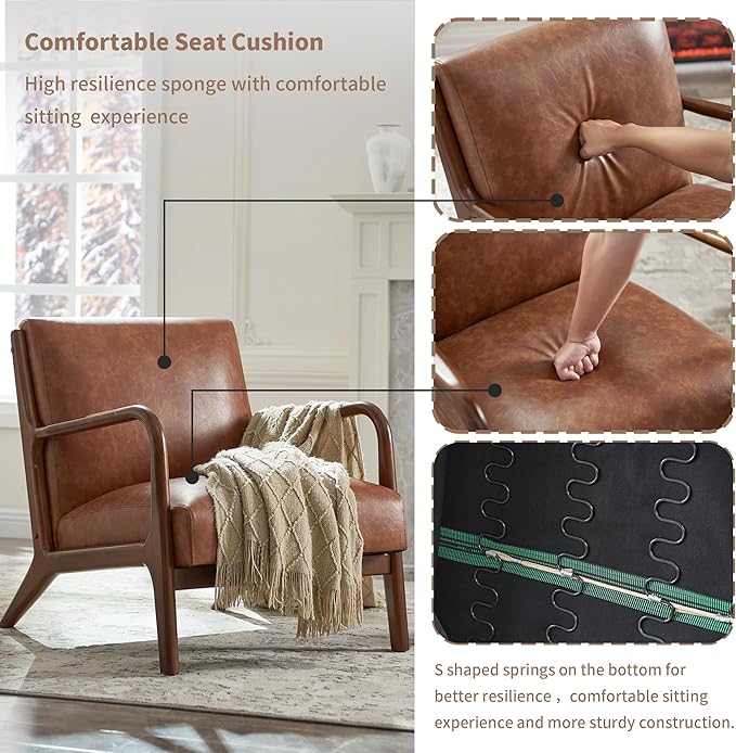 Living Room Accent Arms Bedroom,Office,Apartment, Reading Chair, Single, Faux Leather Brown Brown Wood