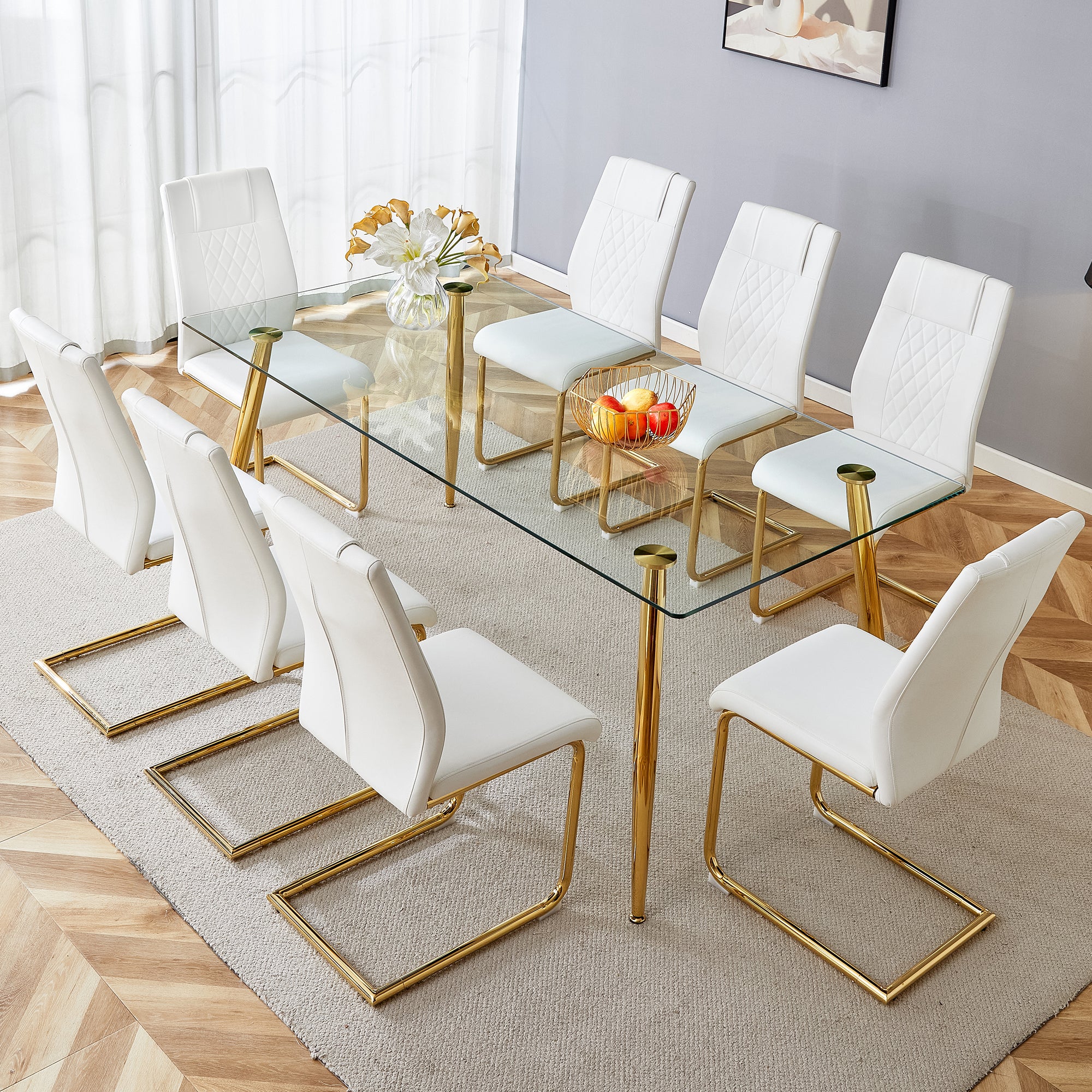 Table And Chair Set.Modern Rectangular Glass Dining Table With A Tempered Glass Tabletop And Metal Legs, Paired With Multiple Chairs Designed With Pu Cushions And Golden Metal Legs. White Gold Seats 8 Tempered Glass