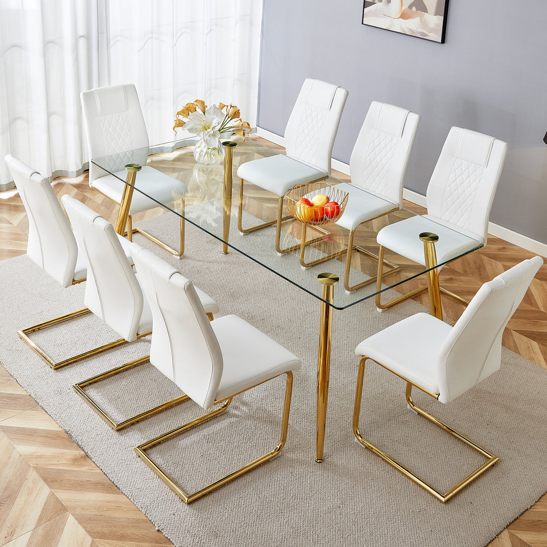 Table And Chair Set.Modern Rectangular Glass Dining Table With A Tempered Glass Tabletop And Metal Legs, Paired With Multiple Chairs Designed With Pu Cushions And Golden Metal Legs. White Gold Seats 8 Tempered Glass