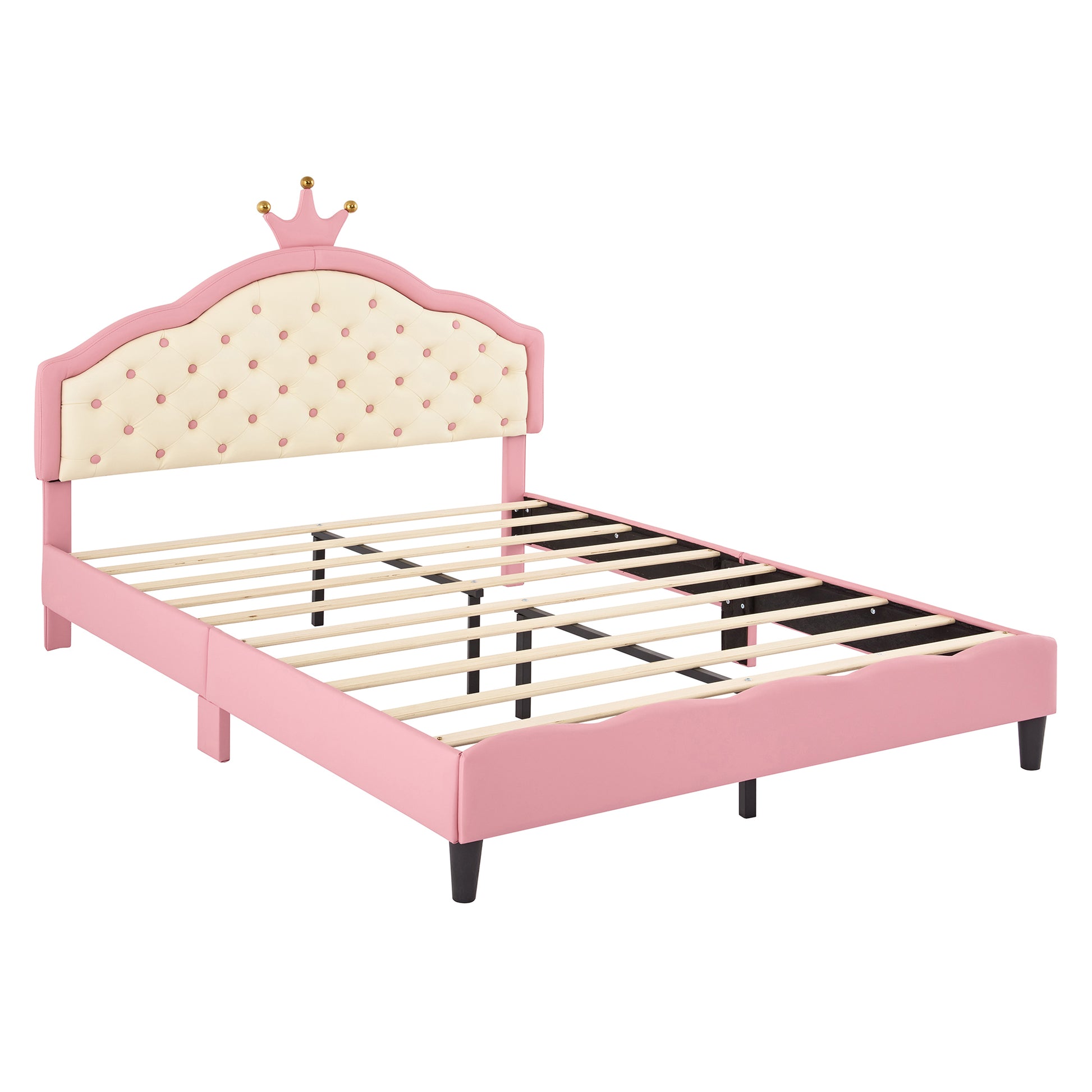 Full Size Lovely Crown Fantasy Pu Leather Princess Bed With Tufted Headboard, Pink Cream Full Pink Mdf Lvl
