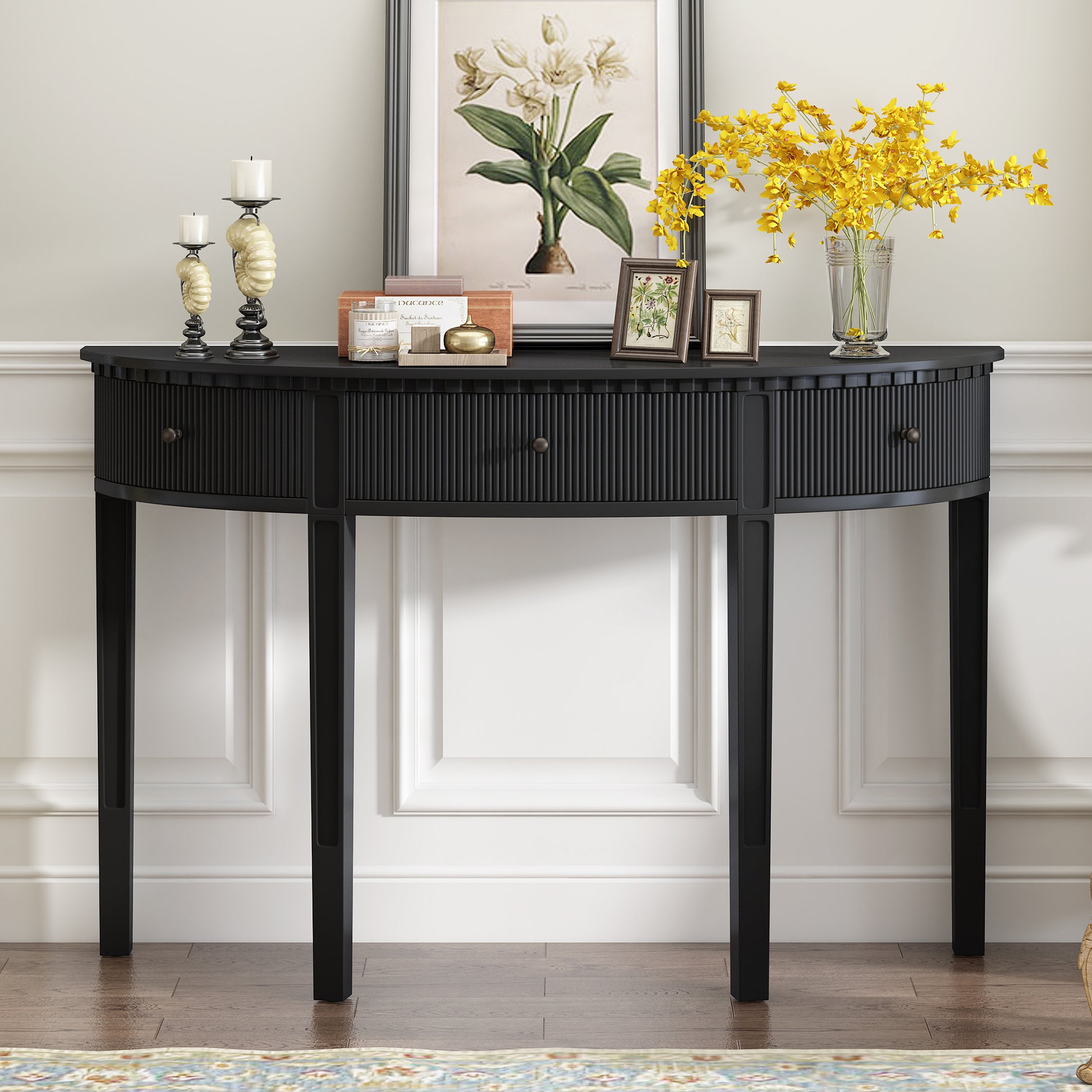 Distinctive Features Of Pine Veneer Console Table With Vertical Stripe Drawer Fronts And Four Legs Black Primary Living Space Minimalist Mdf