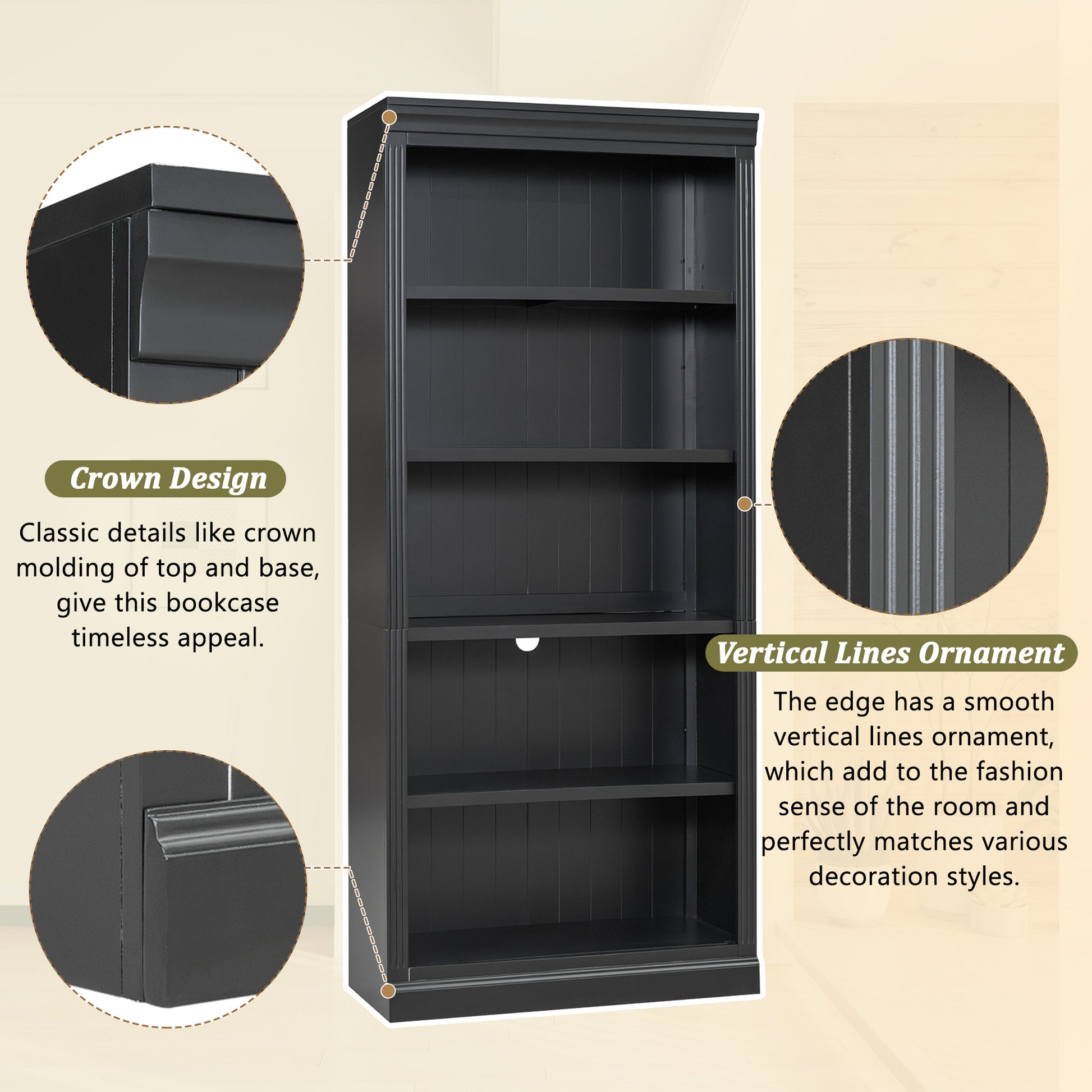 83.4" Tall Wood Bookcase With Light Strip,5 Tier Decor Bookshelves With Adjustable Shelves,Storage Organizer For Cds Books Movies,Free Standing Storage Shelves For Living Room,Home Office,Black