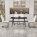 Table And Chair Set. Large Modern Rectangular Table With Black Textured Top And Black Metal Legs. Soft And Comfortable Pu Seats, Faux Leather Upholstered Seats And Sturdy Metal Legs. White Black Seats 4 Sintered Stone