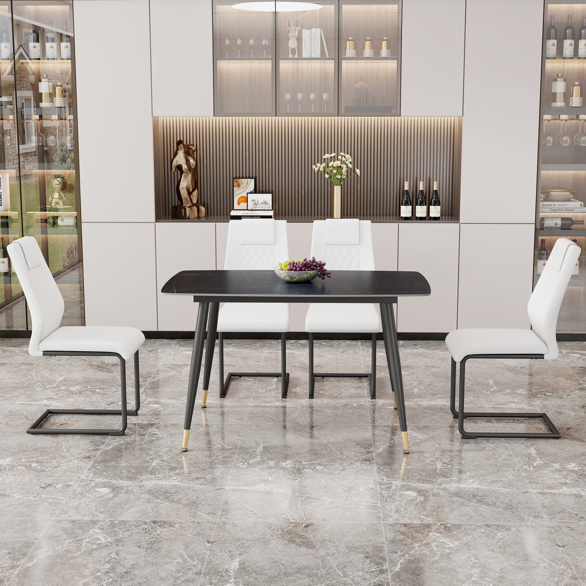 Table And Chair Set. Large Modern Rectangular Table With Black Textured Top And Black Metal Legs. Soft And Comfortable Pu Seats, Faux Leather Upholstered Seats And Sturdy Metal Legs. White Black Seats 4 Sintered Stone