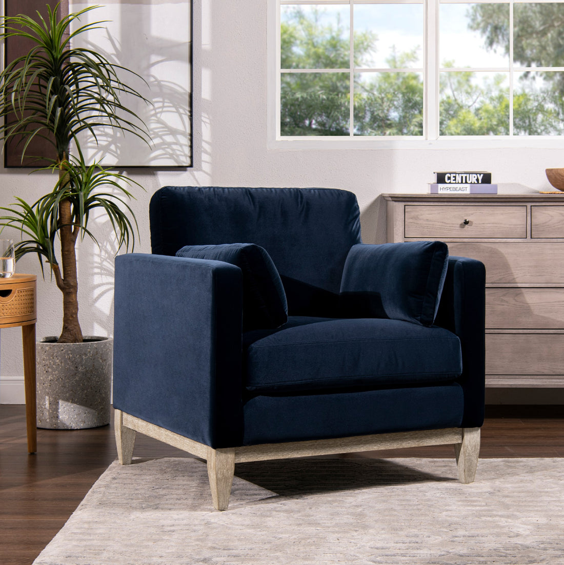 Knox 36" Modern Farmhouse Arm Chair, Dark Navy Blue Performance Velvet Dark Navy Foam Velvet