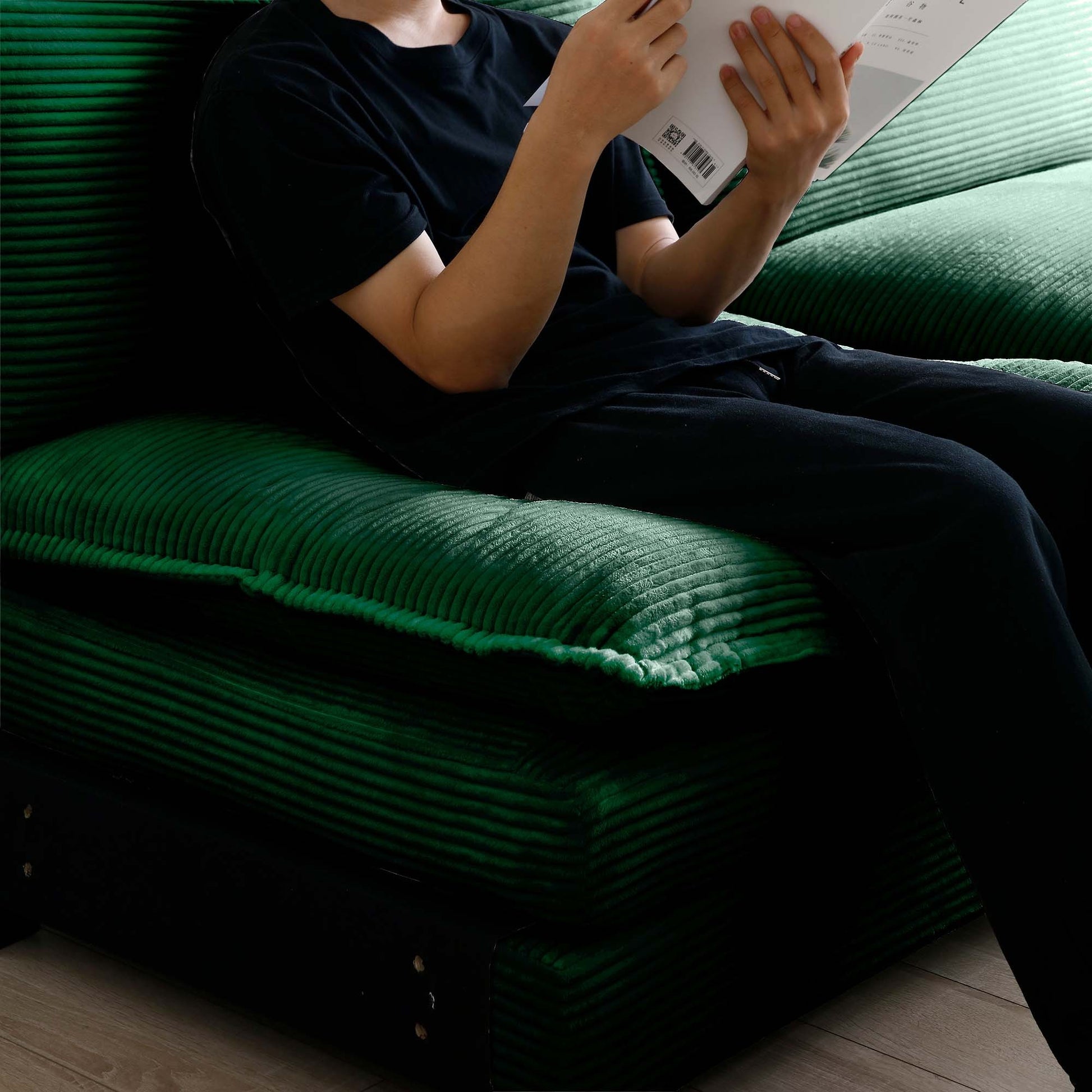 Oversized Modular Cushioned Sofa,With 3 Ottomans To Work As Sleeper Sofa Beds, 3 Seater Sofa With 3 Footstools,Green Corduroy Fabric Green Corduroy 3 Seat