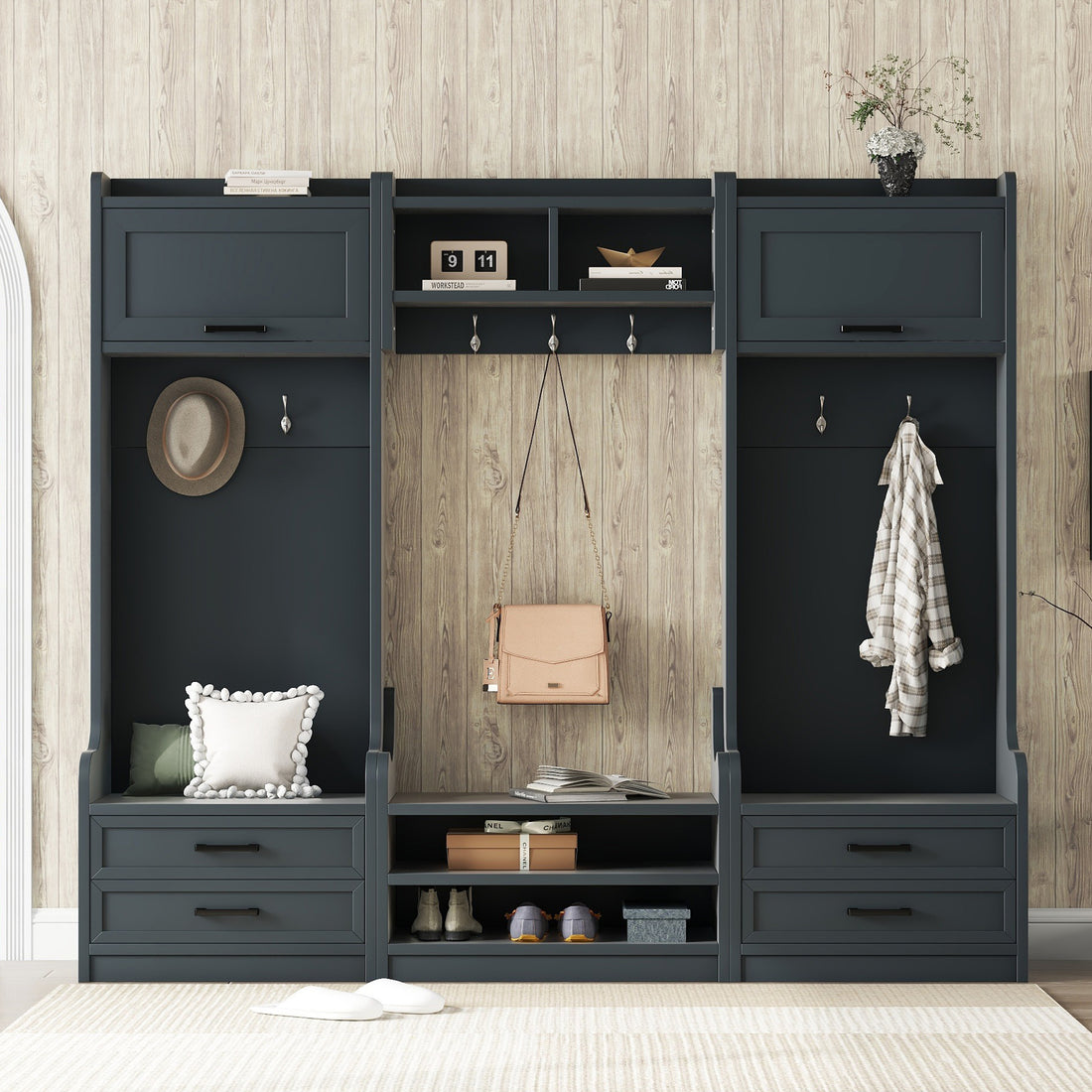 4 In 1 Detachable Hall Tree With Storage And 7 Hooks, Multiple Functions Hallway Coat Rack With Storage Drawers And Cabinet, Antique Blue Shoe Bench For Entryway Hallway Antique Blue Particle Board