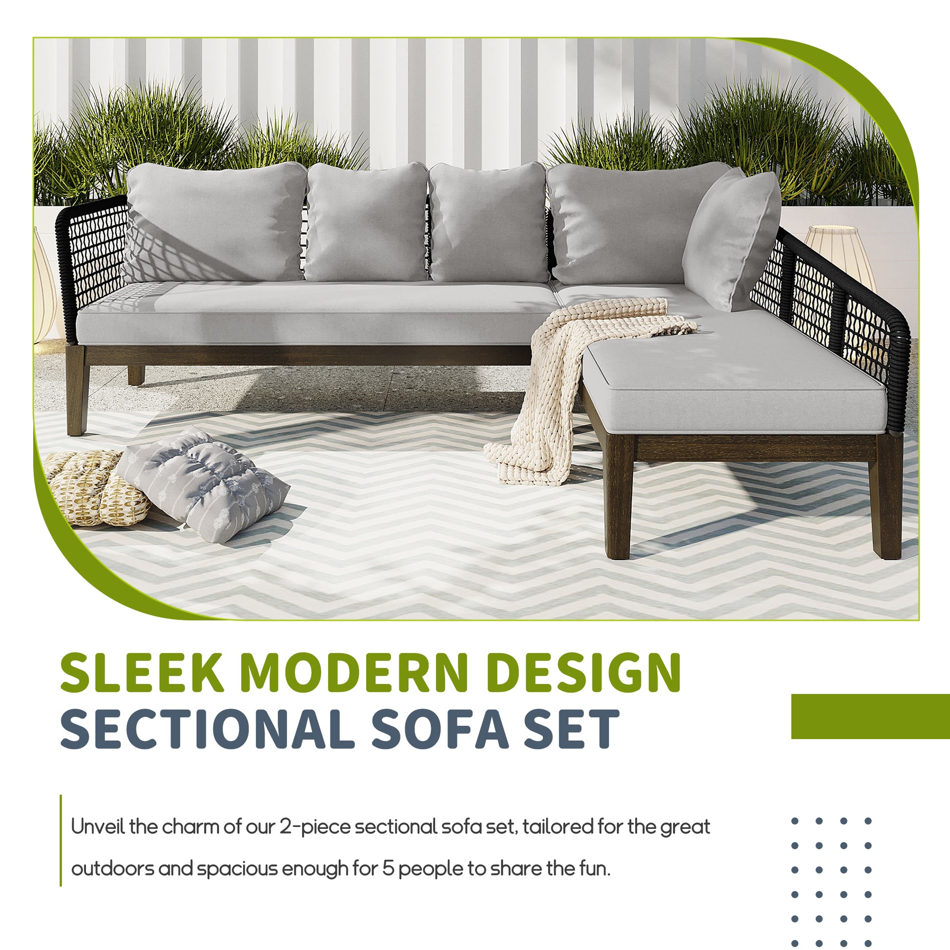 Modern 5 Person Outdoor Seating Group With Cushions Rope Waved Patio Sofa Set For Garden, Lawn, Poolside, L Shaped, Black Gray Yes Deep Seating Grey Black Weather Resistant Frame Water Resistant Cushion Garden & Outdoor Modern Sectional Seating Groups