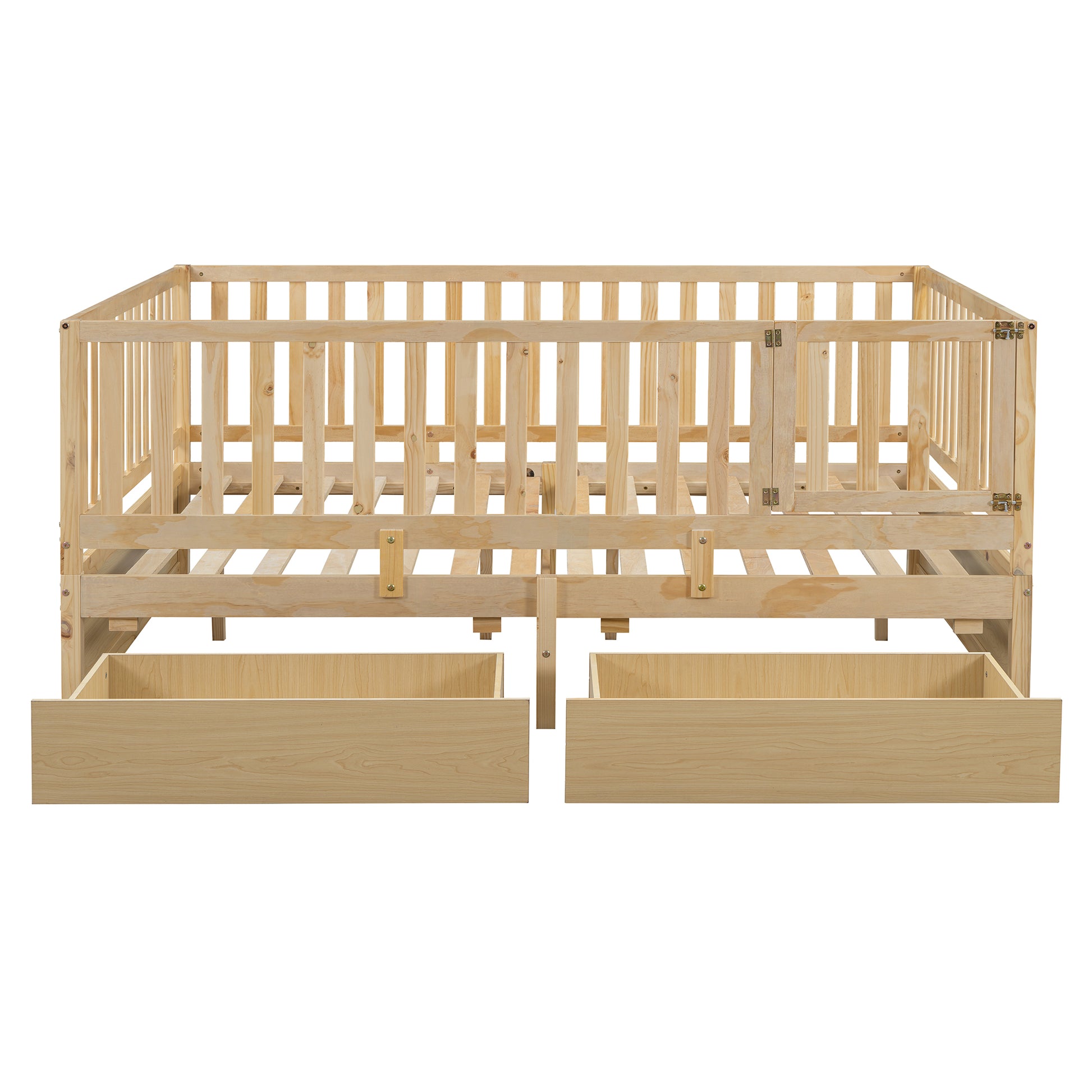 Full Size Wood Daybed With Fence Guardrails And 2 Drawers, Split Into Independent Floor Bed & Daybed, Natural Old Sku :Lp000882Aan Full Natural Solid Wood Mdf