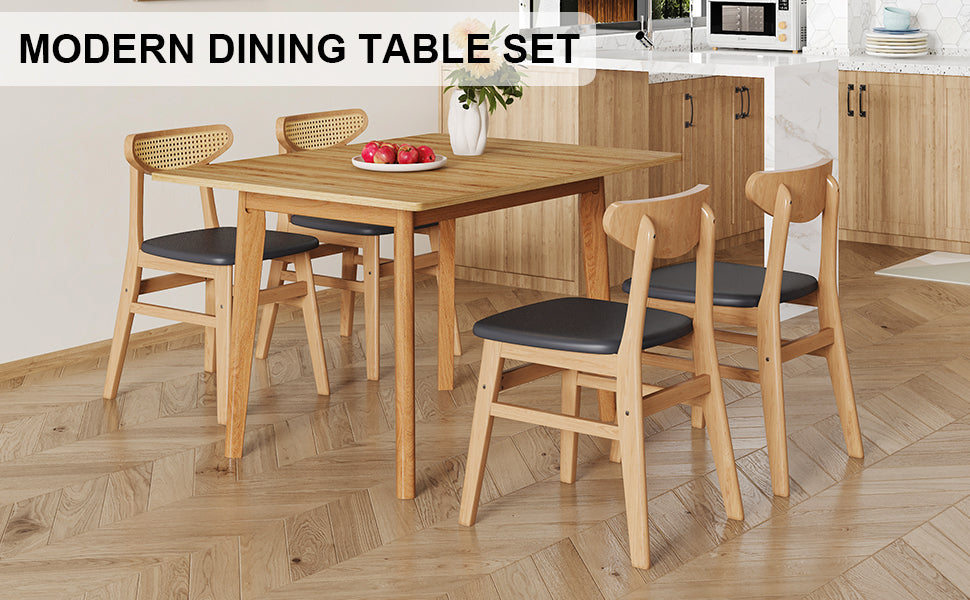 Wood Colored Mdf Desktop With Rubber Wooden Legs, Foldable Computer Desk, Foldable Office Desk, Solid Wood Dining Chair With Small Curved Back And Pu Cushion, Zd 1545 Dx 2361 Wood Seats 4 Wood