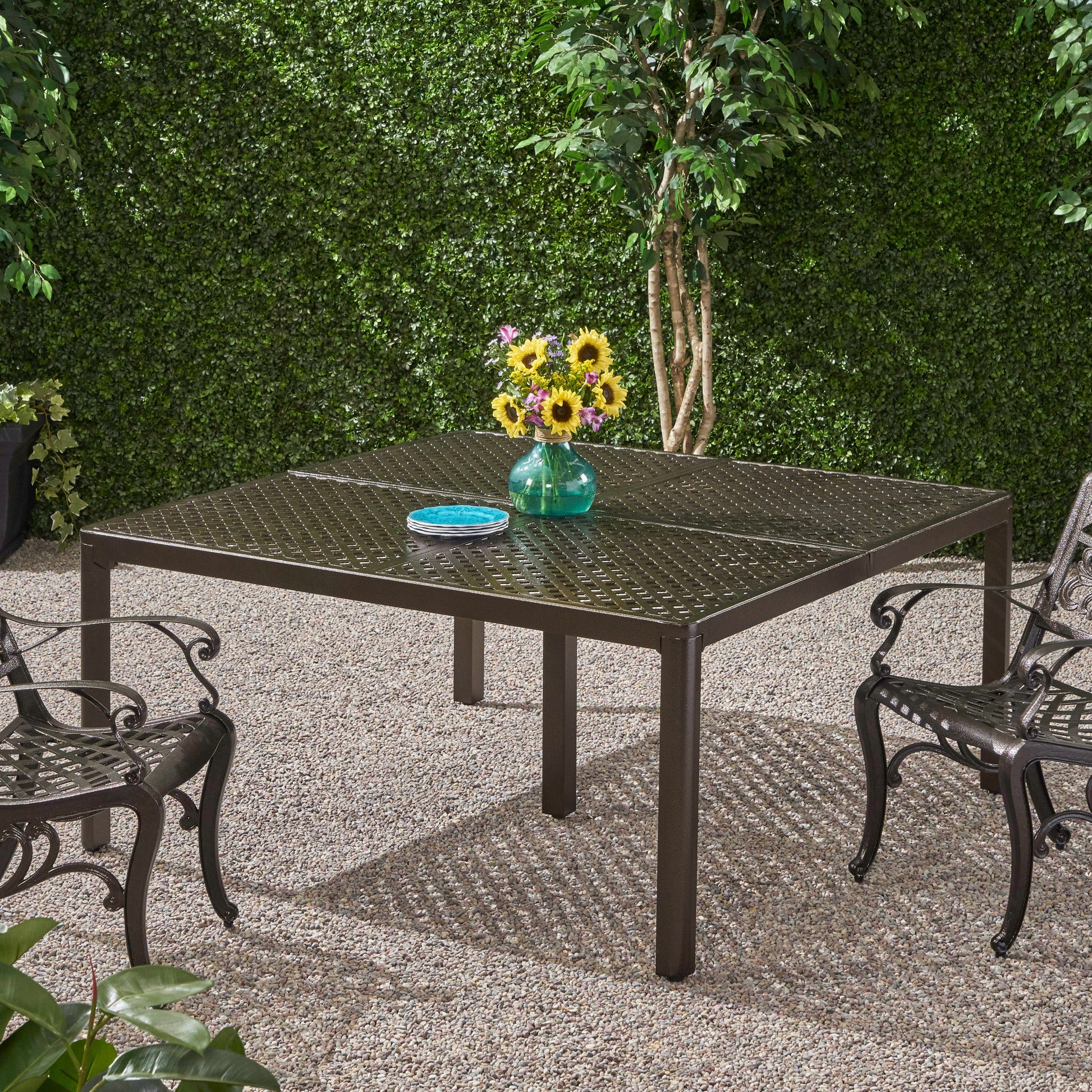 Outdoor Modern Aluminum Dining Table With Woven Accents, Gloss Black Red Aluminium