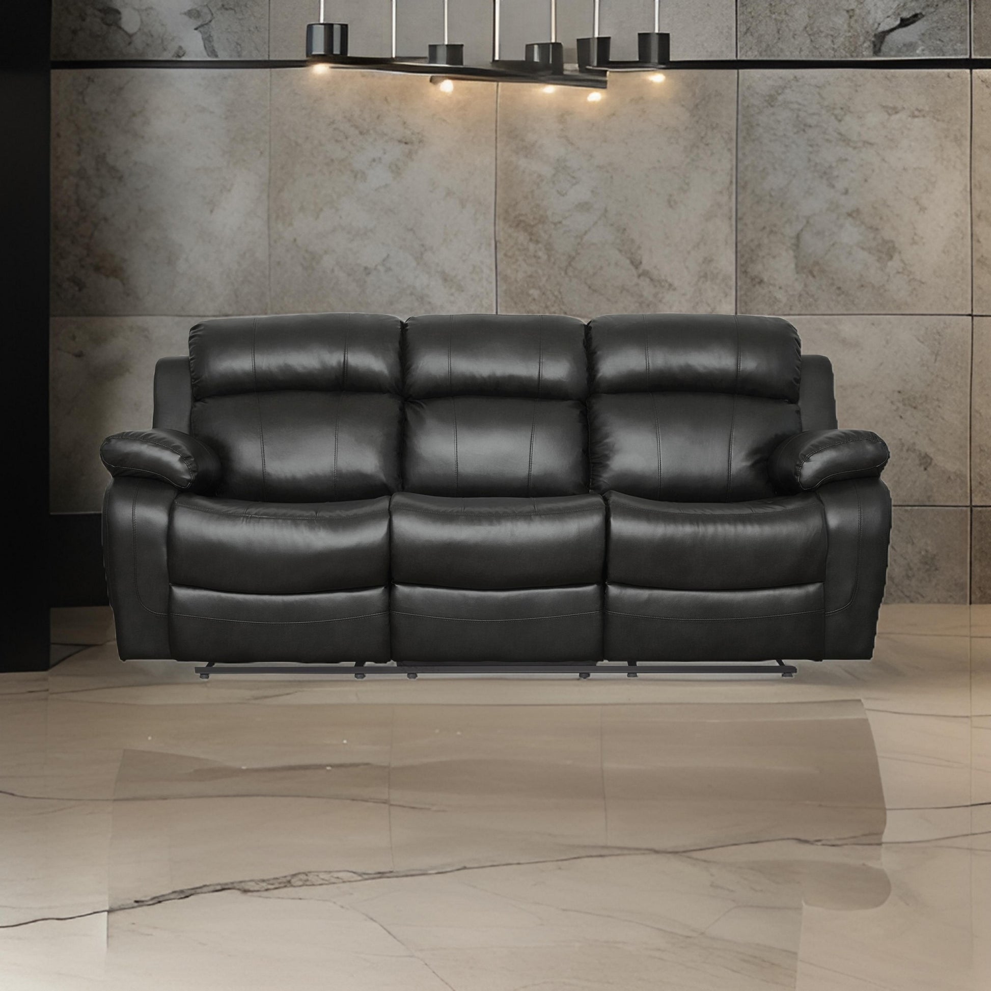 Leather Reclining Sofa With Center Drop Down Cup Holder, Black Black Leather