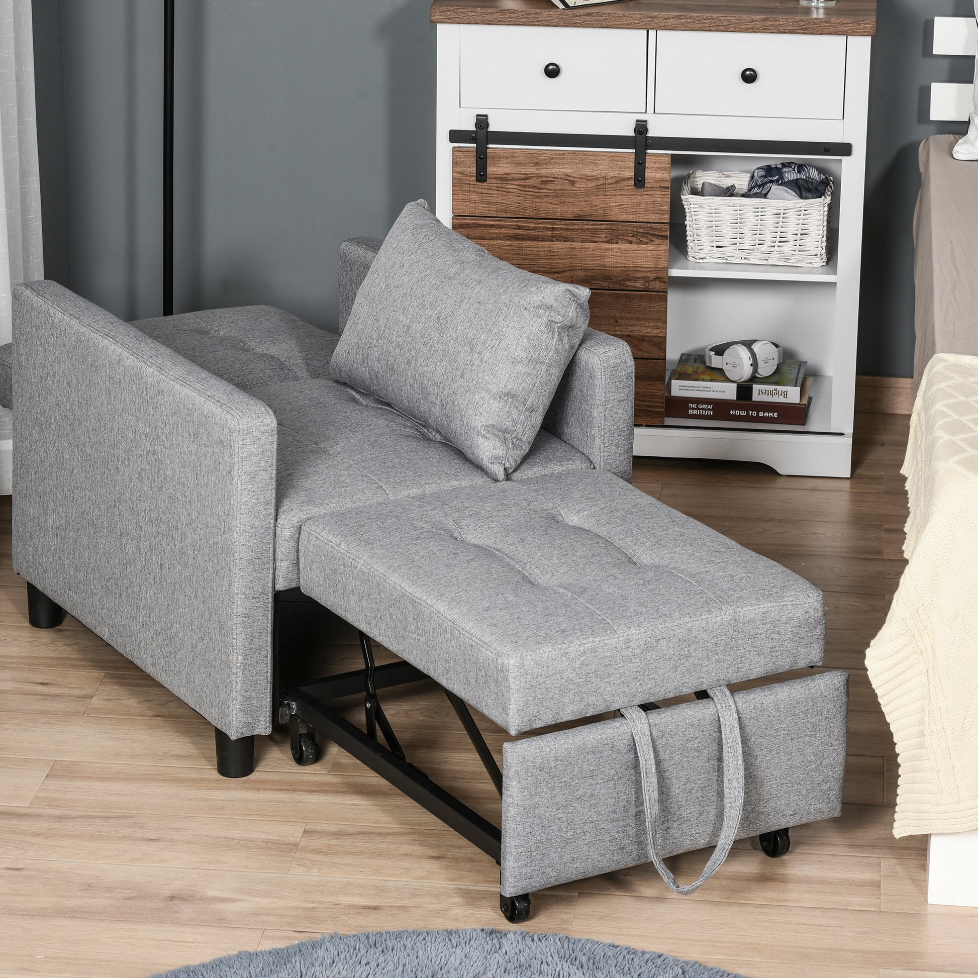 Homcom Convertible Sofa Lounger Chair Bed Multi Functional Sleeper Recliner With Tufted Upholstered Fabric, Adjustable Angle Backrest, And Pillow, Grey Grey Plastic 1 Seat