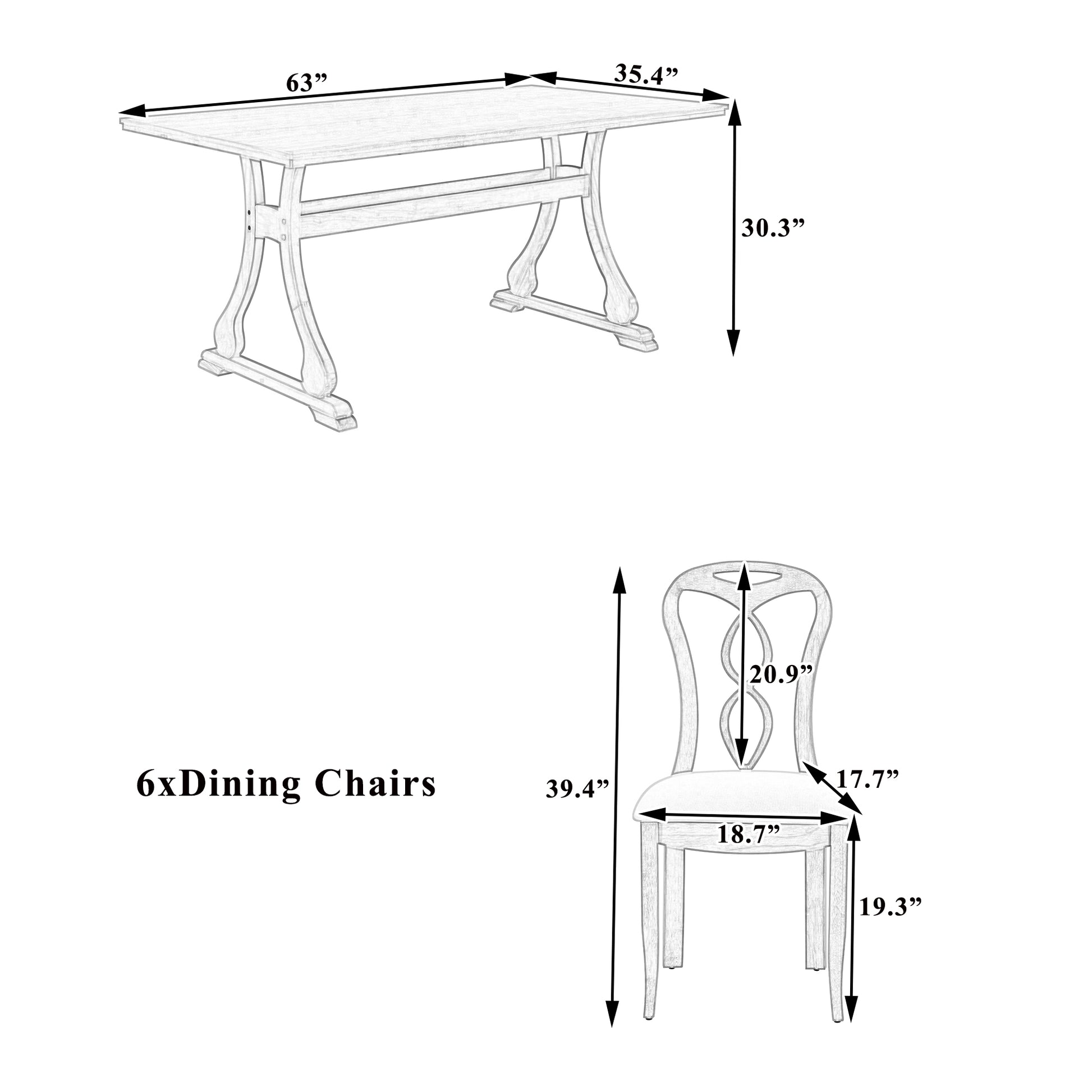 Retro 7 Piece Trestle Dining Table Set With Upholstered Dining Chairs, Smooth Dining Backs For Dining Room, Living Room, Kitchen, Natural Upholstered Chair Wood Natural Beige Seats 6 Wood Dining Room Solid Wood Rubberwood Trestle Rectangular Foam Dining