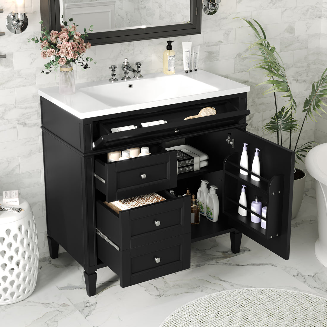 36'' Bathroom Vanity With Top Sink, Modern Bathroom Storage Cabinet With 2 Drawers And A Tip Out Drawer, Single Sink Bathroom Vanity Black Bathroom Solid Wood Mdf