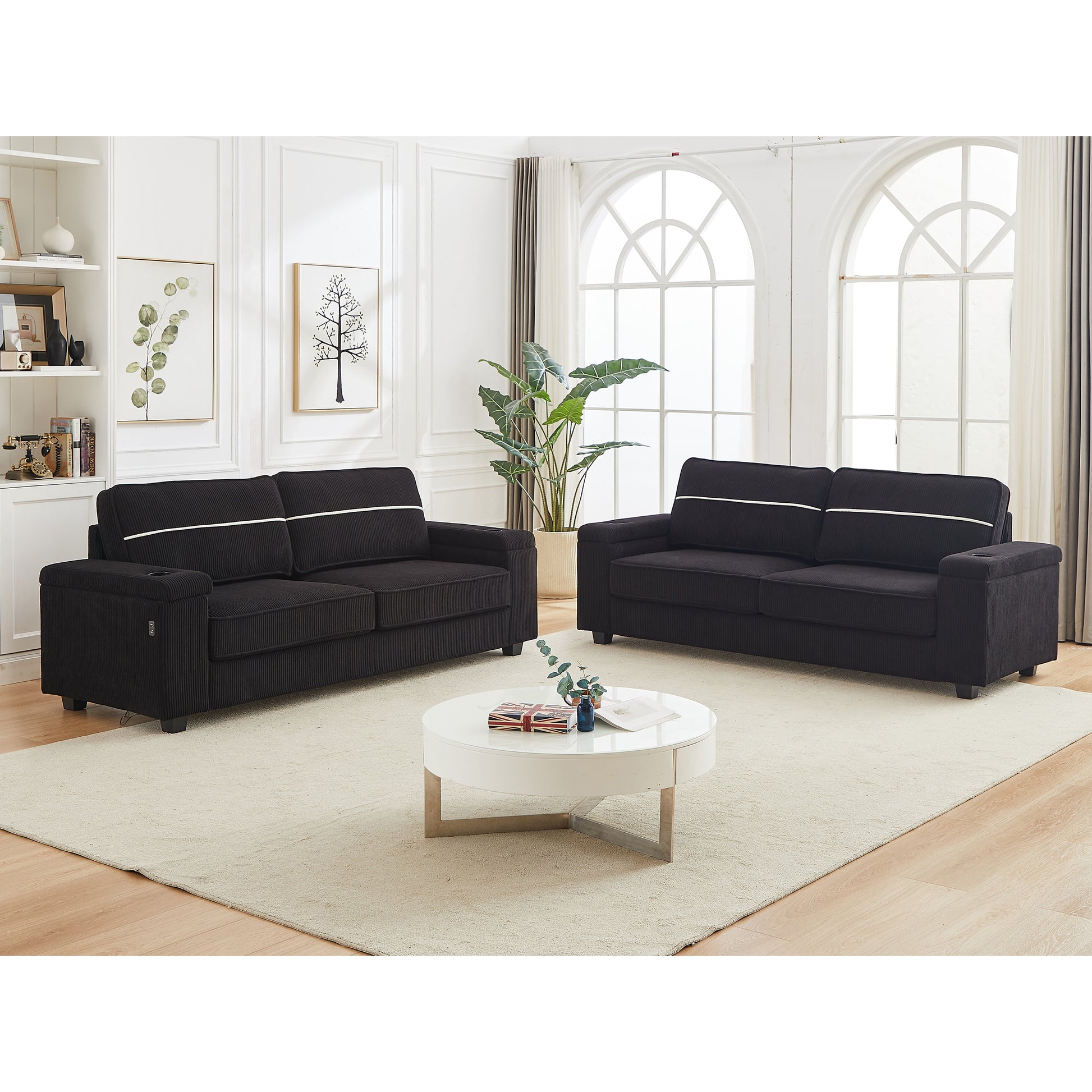 86.5 Inch Sofa Couch Deep Seat Sofa With Two Storage Spaces, T Pyce Charging Portsusb Charging Ports & 2 Cup ,Corduroy 3 Seater Couch, Modern Sofas For Living Room Black Foam Corduroy 3 Seat