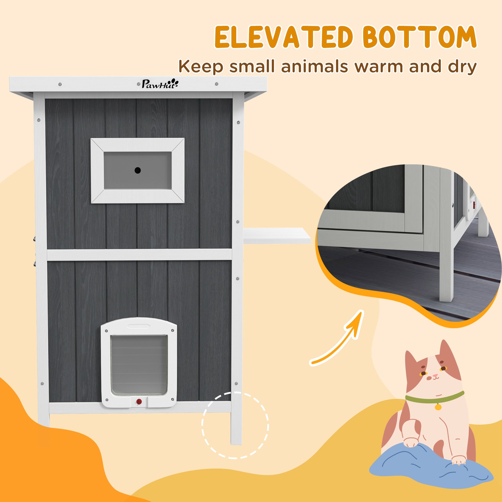 Pawhut Outdoor Cat House, Wooden Cat House 2 Tiers Cat Shelter With Weatherproof Roof, Removable Floor, Escape Doors, For 1 2 Cats, Gray Gray Wood