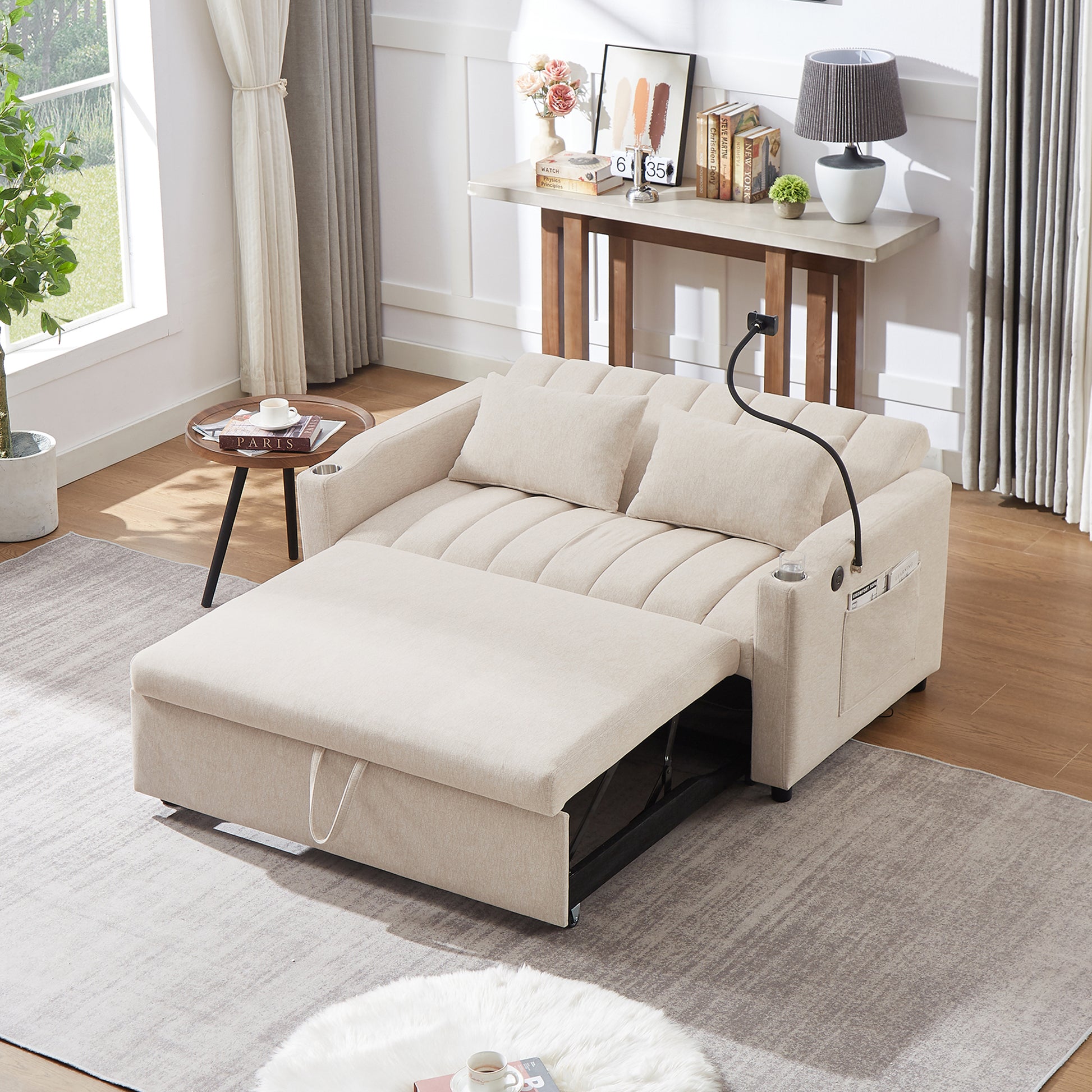 55.9" Convertible Sofa Bed Loveseat Sofa With Three Usb Ports, Two Side Pockets, Two Cup Holders And 360 Swivel Phone Holder For Living Room, Beige Beige Foam Polyester