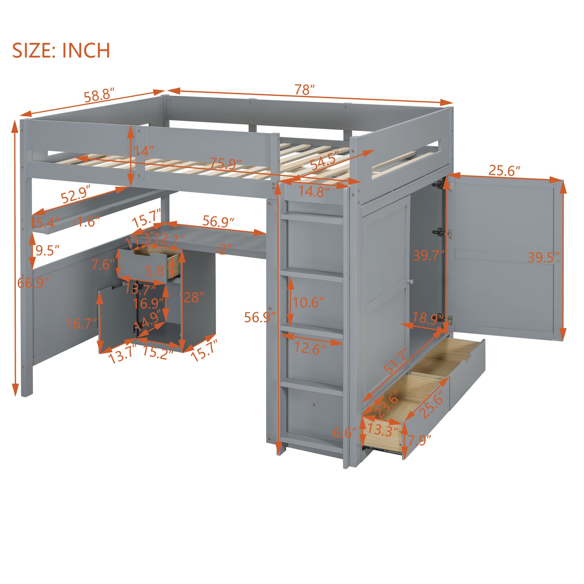 Full Size Wooden Loft Bed With Wardrobe, Desk, Drawers, Shelves, Gray Full Gray Plywood