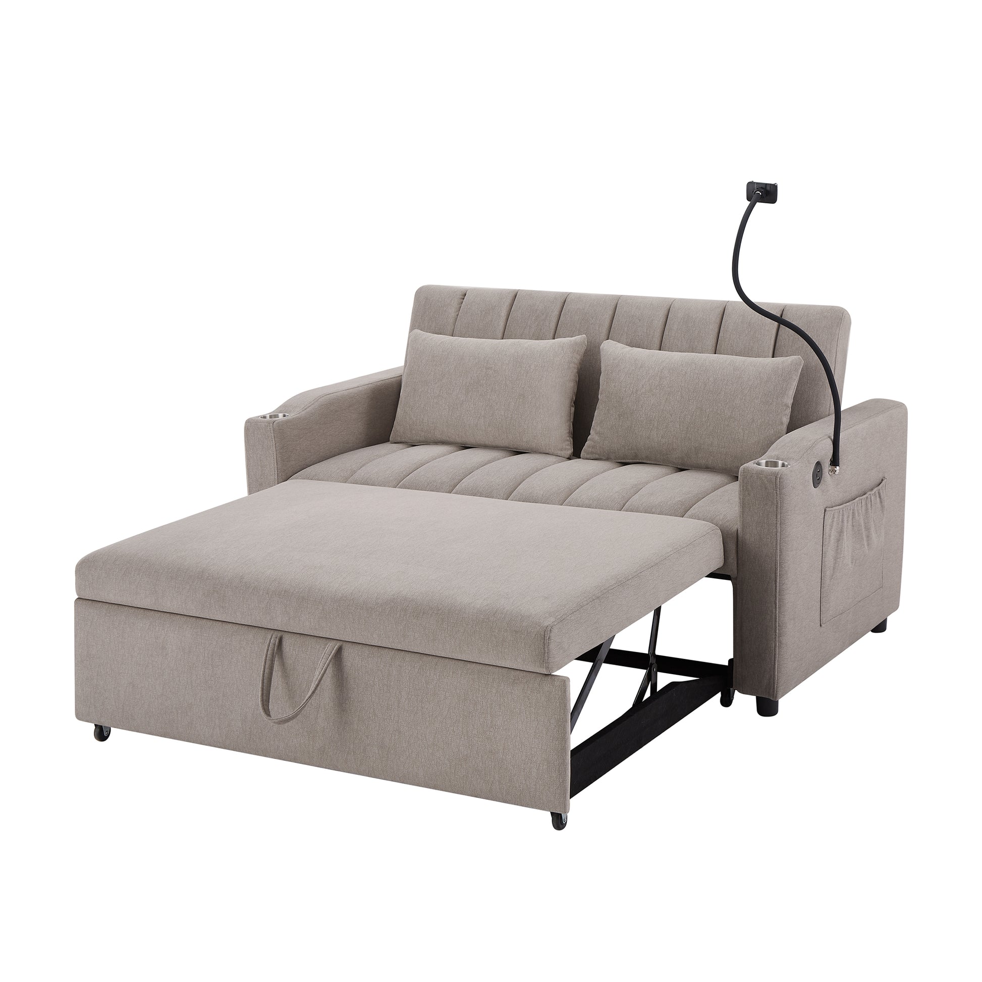 55.9" Convertible Sofa Bed Loveseat Sofa With Three Usb Ports, Two Side Pockets, Two Cup Holders And 360 Swivel Phone Holder For Living Room, Light Grey Light Grey Foam Polyester