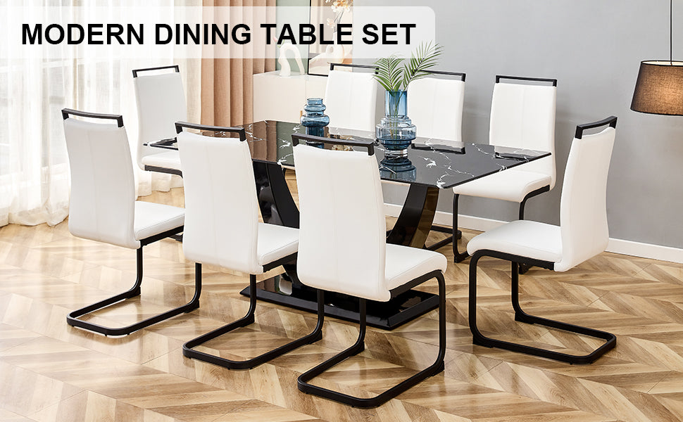 Table And Chair Set, Modern Dining Table, Patterned Table Top And Black Mdf Table Legs, Soft And Comfortable Dining Chair, Perfect For Dinner, Meetings, Home And Office Decor White Black Mdf Glass