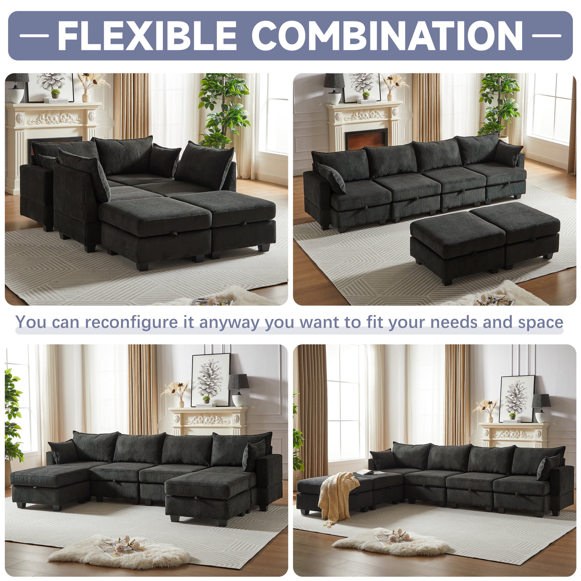 113.5'' Modular Sectiona Corduroy Sofa, Sectional Couches For Living Room U Shaped Sectional Couch With Storage Ottoman, 6 Seats Convertible Sectionals With Chaise Black Corduroy 6 Seat