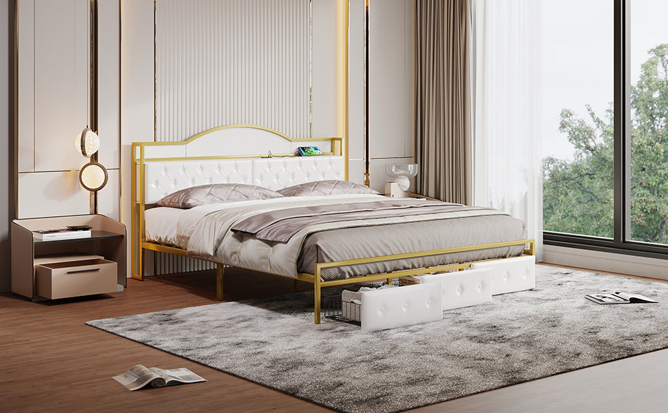 Metal Platform Bed With 3 Drawers, Storage Headboard, King, Gold King Gold White Fabric Metal