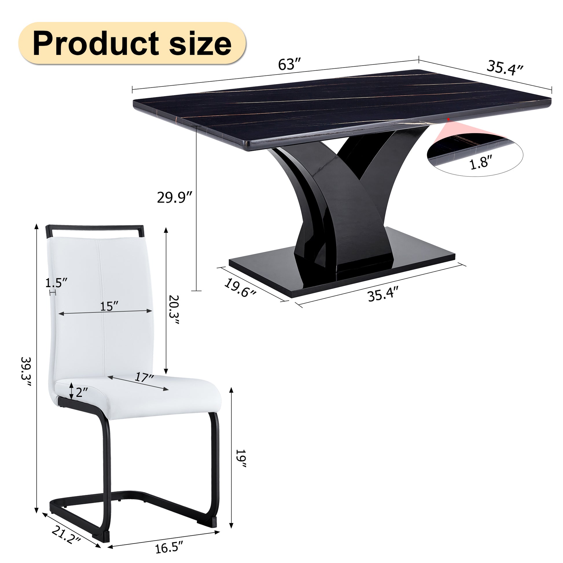 Table And Chair Set, Modern Dining Table, Black Tabletop And Black Mdf Leg Table, Soft And Comfortable Dining Chair, Perfect For Dinner, Meetings, Home And Office Decor White Black Mdf
