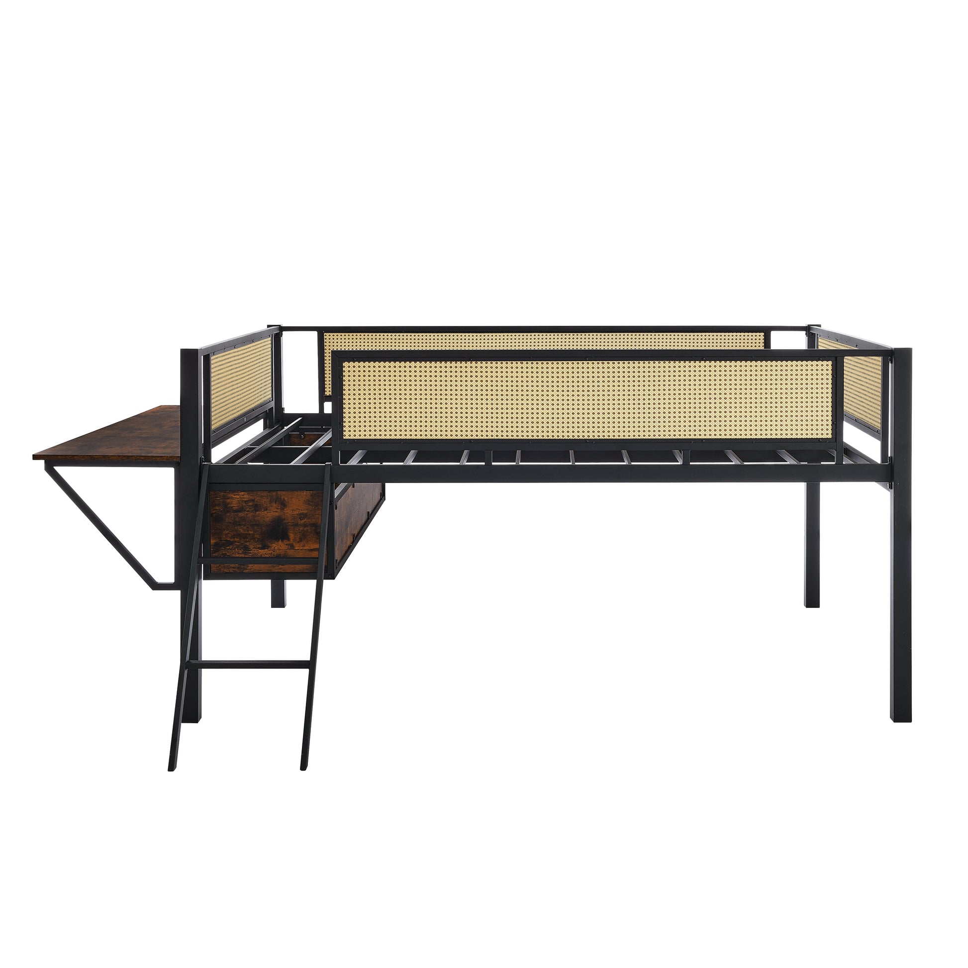 Single Metal Loft Bed With Rectangular Desk, Led Lights, Led Loft Bed Frame Double Bed With Storage Shelves And Hanging Storage Compartments, Safety Guard And Ladder, No Box Springs Required, Rattan G Full Black Brown Mdf Iron