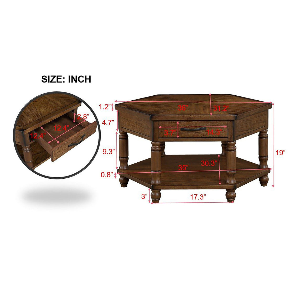 2 Tier Retro Hexagon Living Room Solid Wood Coffee Table With Shelf & Drawer, 36'' Mid Century Center Coffee Table For Living Room, Office. Cherry Cherry Pine