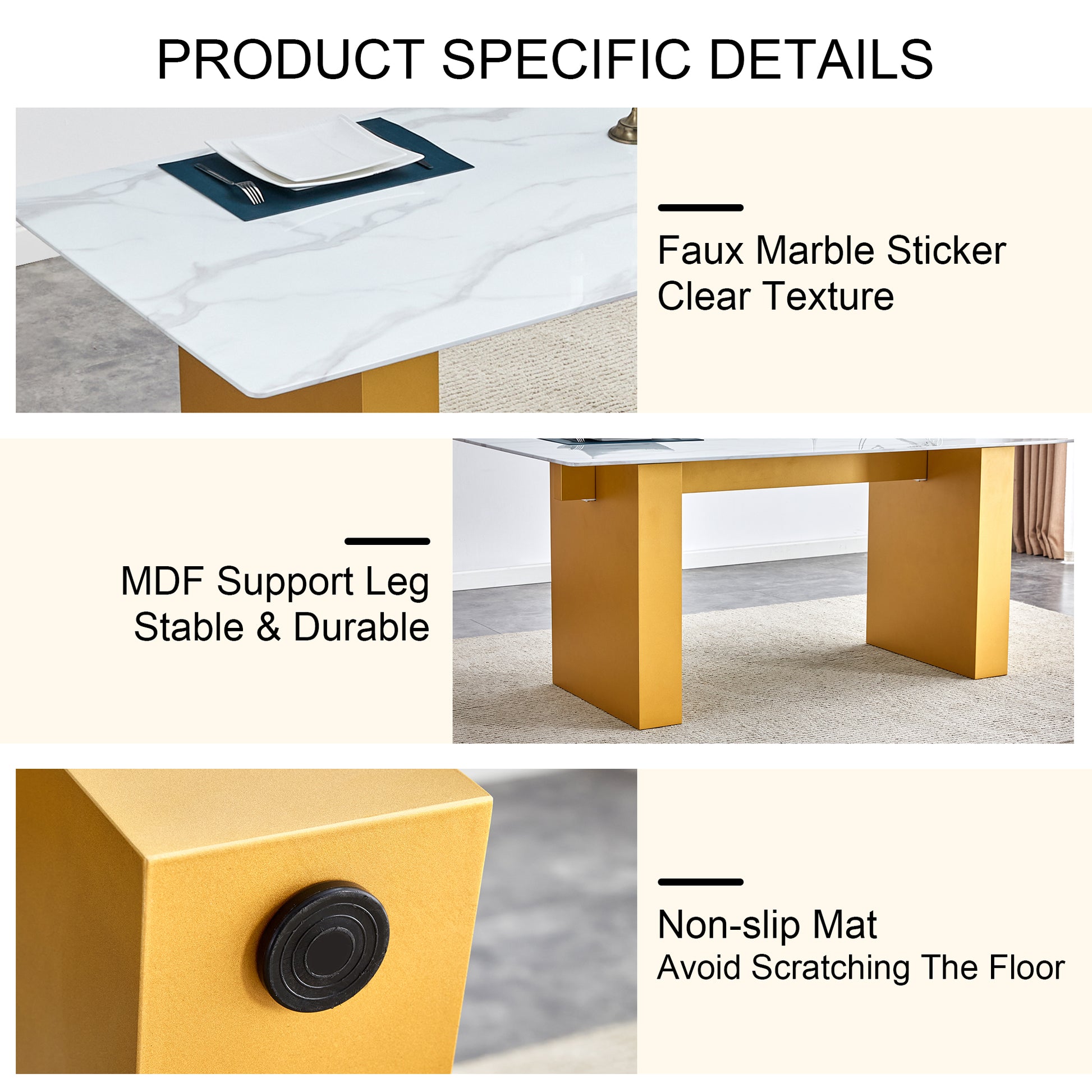 Large Modern Rectangular Table With 0.4 Inch Patterned Tabletop And Large Mdf Table Legs, Suitable For Kitchen, Dining Room, And Living Room 71 "* 35.4" * 30 " 1546 Gold Mdf Glass