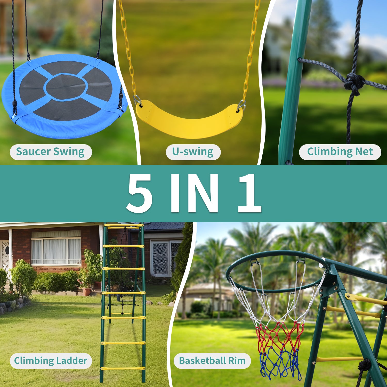 Swing Set For Kids Outdoor Backyard Playground Swing Set With Ladder And Basketball Hoop Blue 200 Lbs & Over 3 To 4 Years Steel Outdoor
