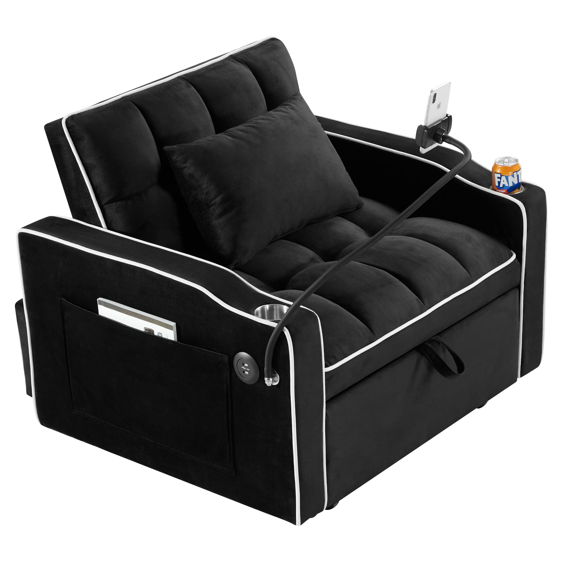 Convertible Sleeper Chair Sofa Bed Adjustable Pull Out Sleeper Chair Bed Multi Pockets Folding Sofa Bed For Living Room Bedroom Small Space,3 In 1 Sofa Bed, Black Black Velvet 1 Seat