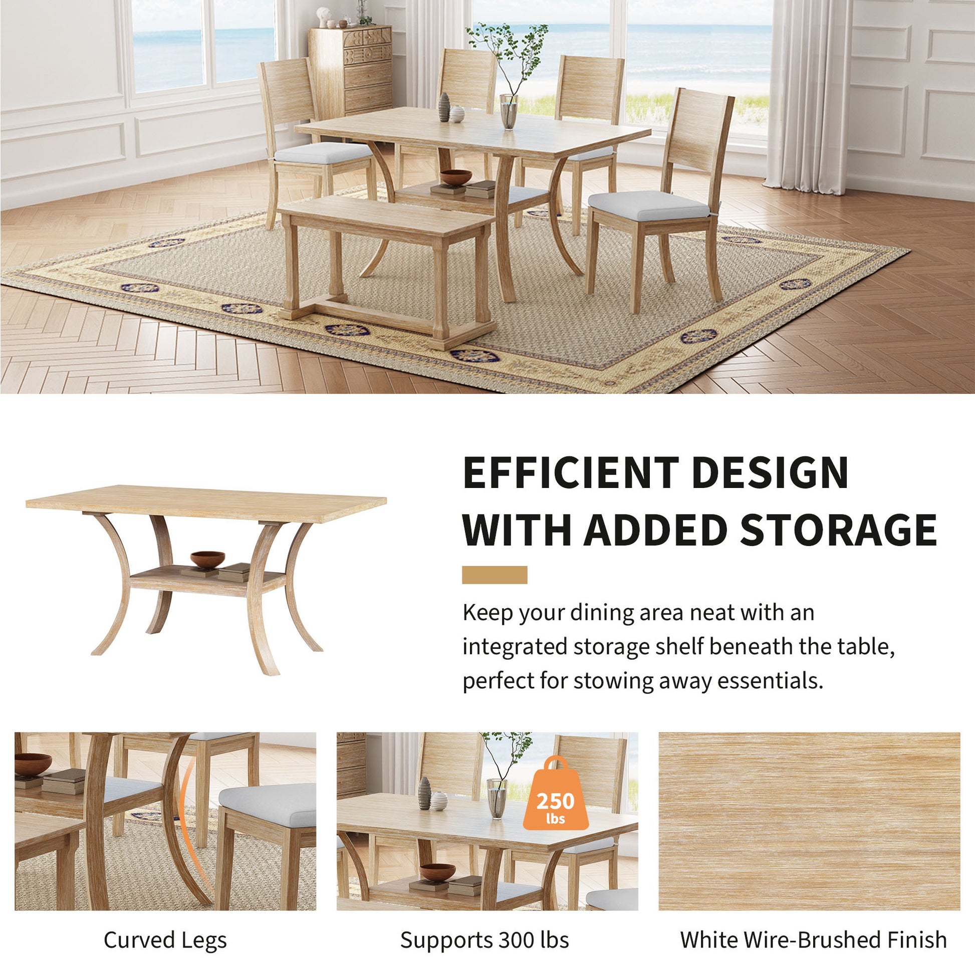 6 Piece Wood Dining Table Set With Storage Shelf And Curved Legs, Kitchen Table Set With Bench And 4 Removable Cushions Dining Chairs, Modern Style, Natural Beige Cushion Wood Dining Room Distressed Finish Rubberwood Rectangular Dining Table With Bench