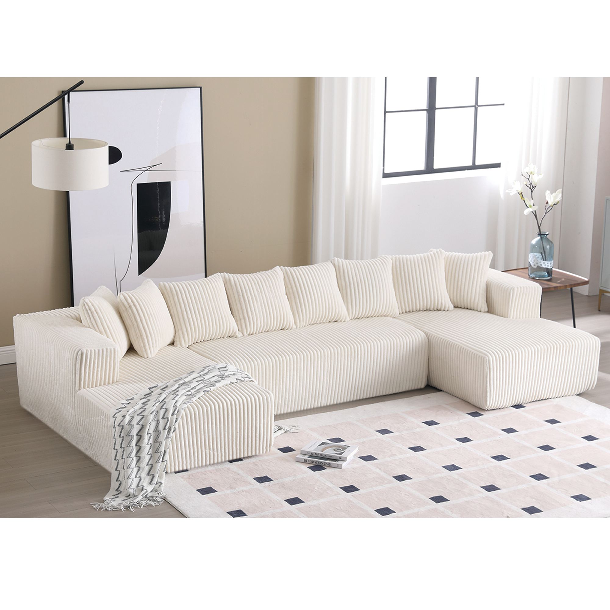 Arrived 131'' Modular Sectional Couch, U Shaped Sofachaise Lounge, Striped Fabric,Upholstered 4 Seater Couch For Living Room, Bedroom, Free Combination Sofa Corduroy ,White White Polyester Primary Living Space Soft Modern Square Arms Foam Upholstered 4