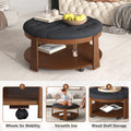 Modern Large Round Ottoman Coffee Table 2 Tier Oversized Button Tufted Ottoman With Wood Shelf Storage Upholstered Coffee Table For Living Room Footrest Ottoman With Wheel, Waterproof Linen Black Brown Rubber Wood