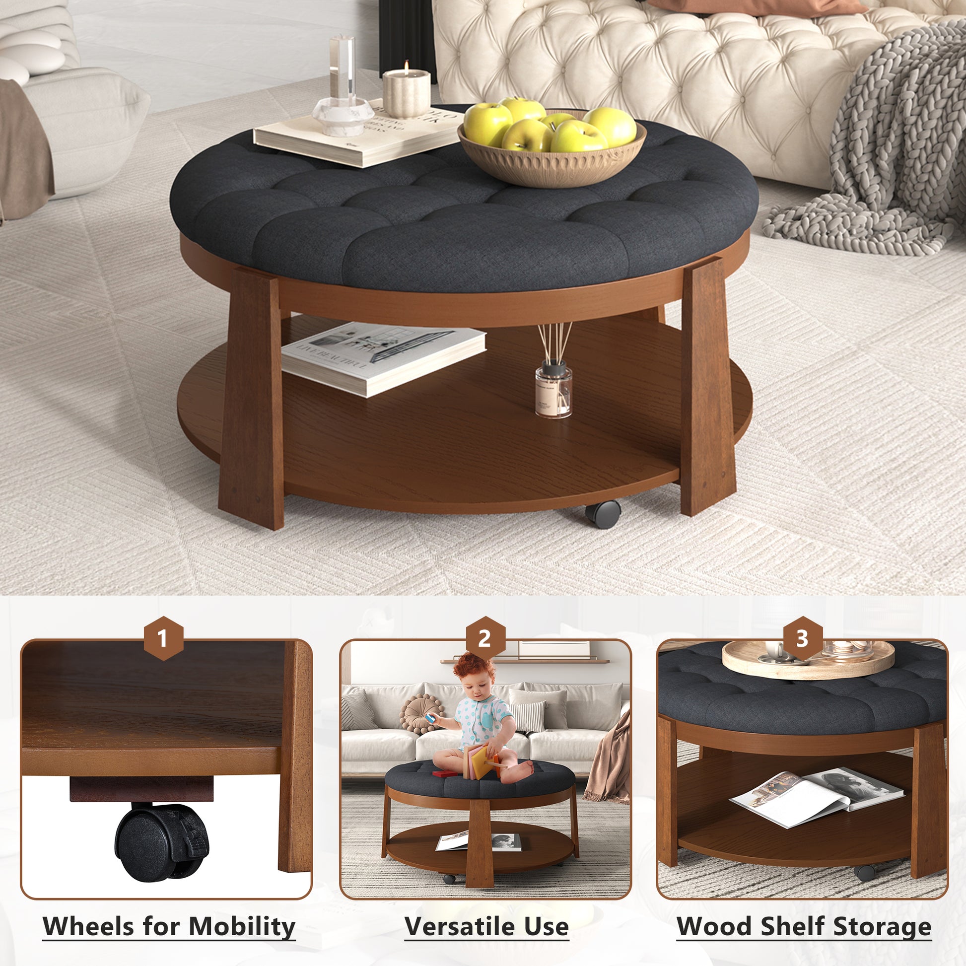 Modern Large Round Ottoman Coffee Table 2 Tier Oversized Button Tufted Ottoman With Wood Shelf Storage Upholstered Coffee Table For Living Room Footrest Ottoman With Wheel, Waterproof Linen Black Brown Rubber Wood
