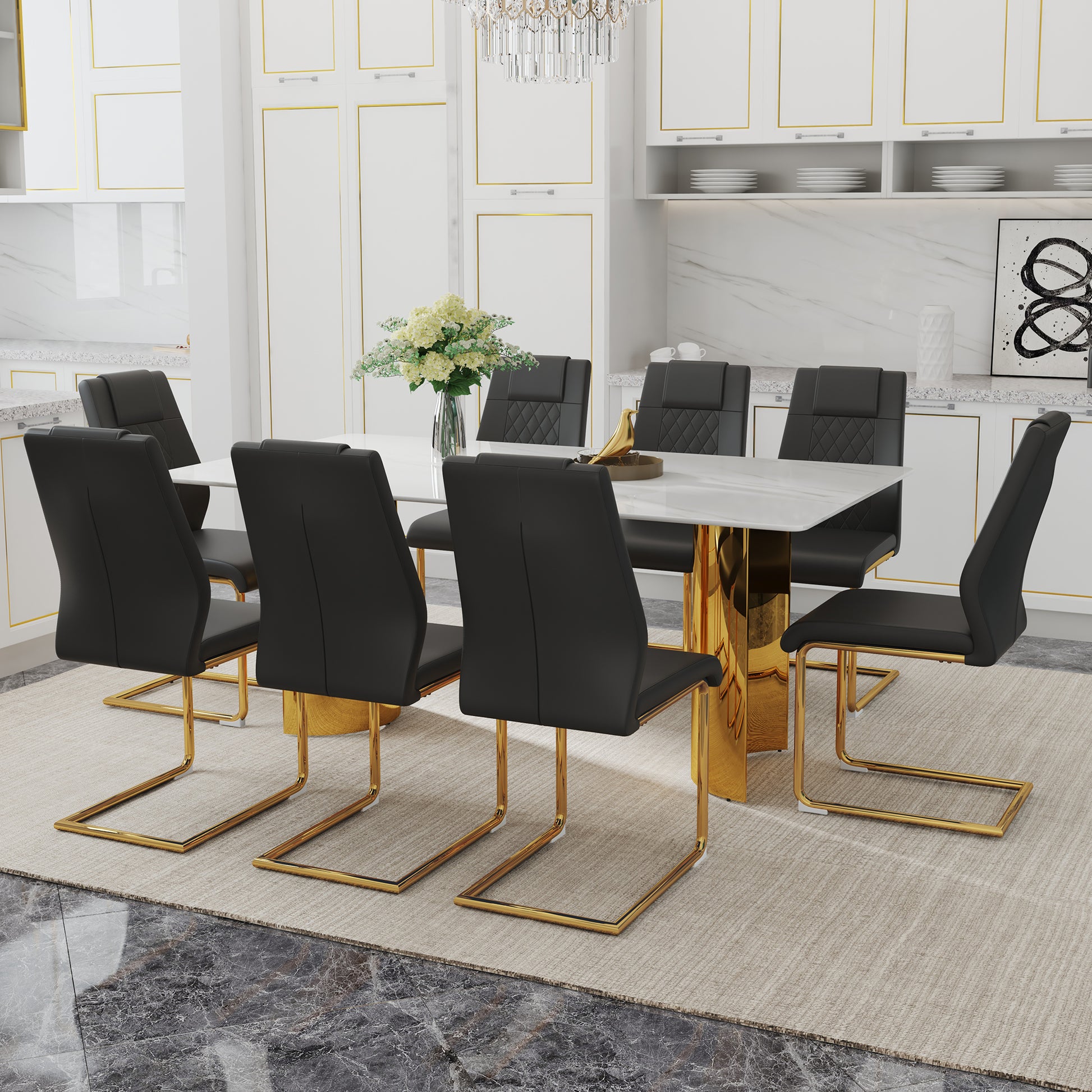 Table And Chair Set.The Table Has A Glass Tabletop With Imitation Marble Pattern Stickers And Stainless Steel Golden Table Legs. Paried With Comfortable Chairs With Pu Seats And Metal Legs. White Gold Seats 8 Glass Metal