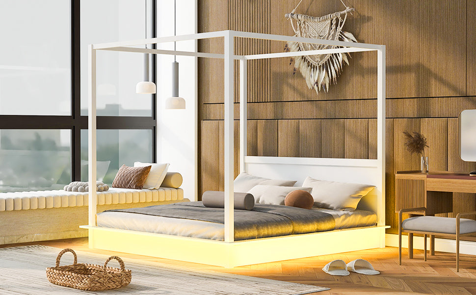 King Size Wood Led Canopy Bed ,Canopy Platform Bed With Support Slats, No Box Spring Needed, Whitekig King White Plywood