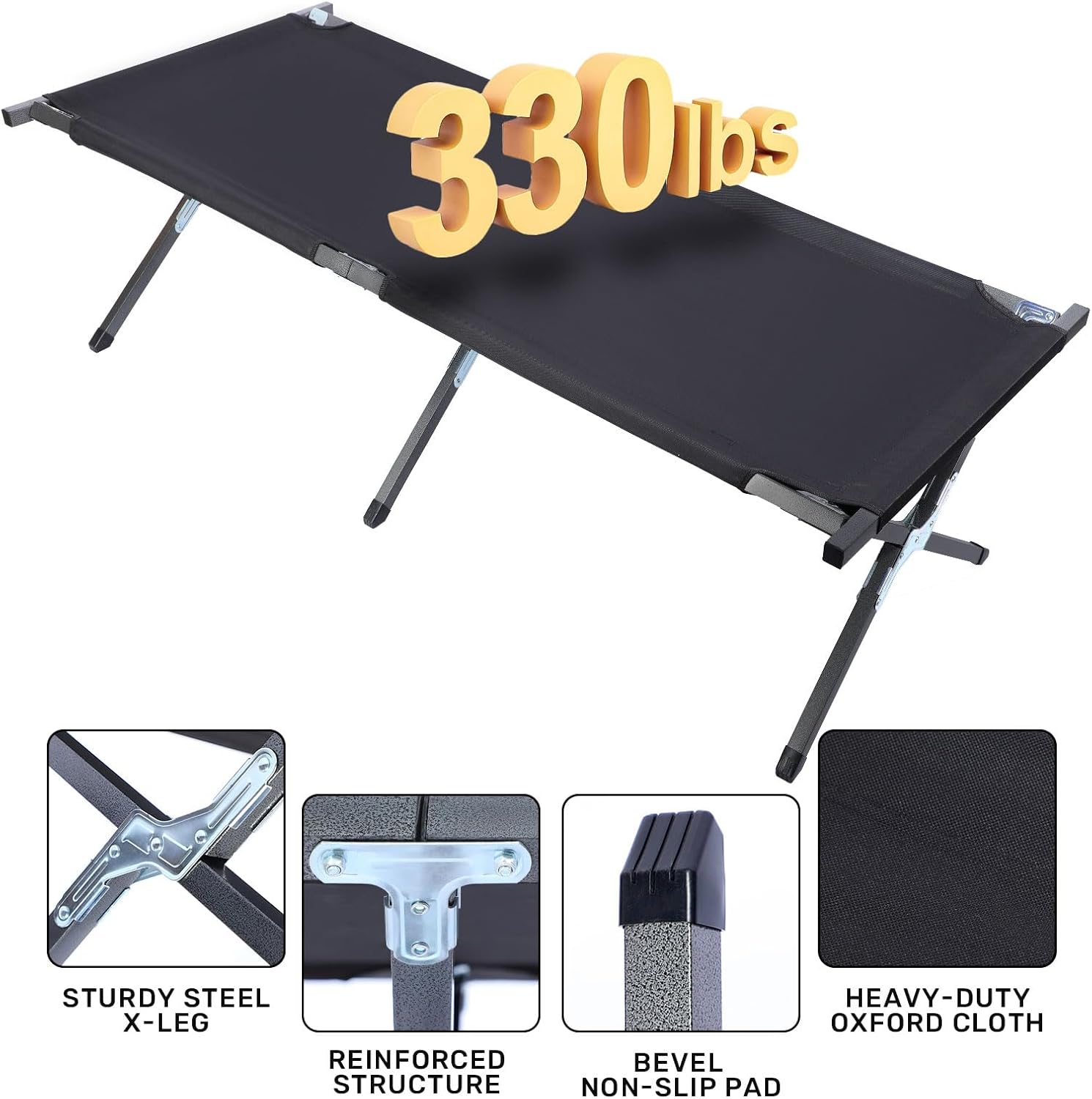 Camping Cot, Sleeping Cots For Adults With Storage Bag, Portable And Lightweight Cot Bed For Outdoor Traveling, Hiking, Office Nap, Easy To Set Up, 1 Pack Black Oxford Fabric