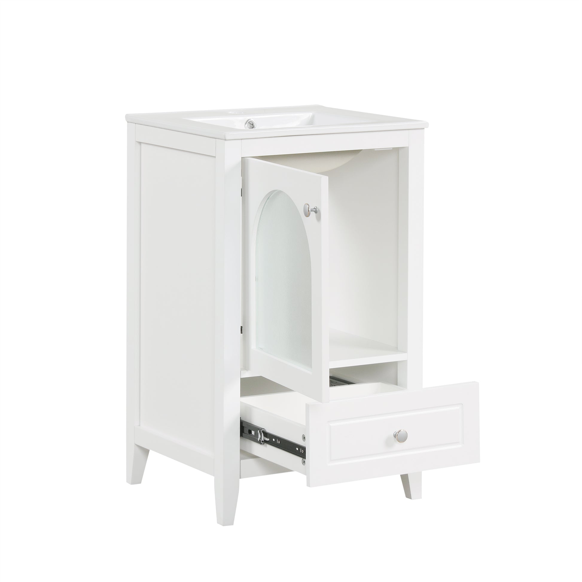 20" Bathroom Vanity With Sink, Bathroom Cabinet With Soft Closing Glass Door, A Drawer, White White Mdf