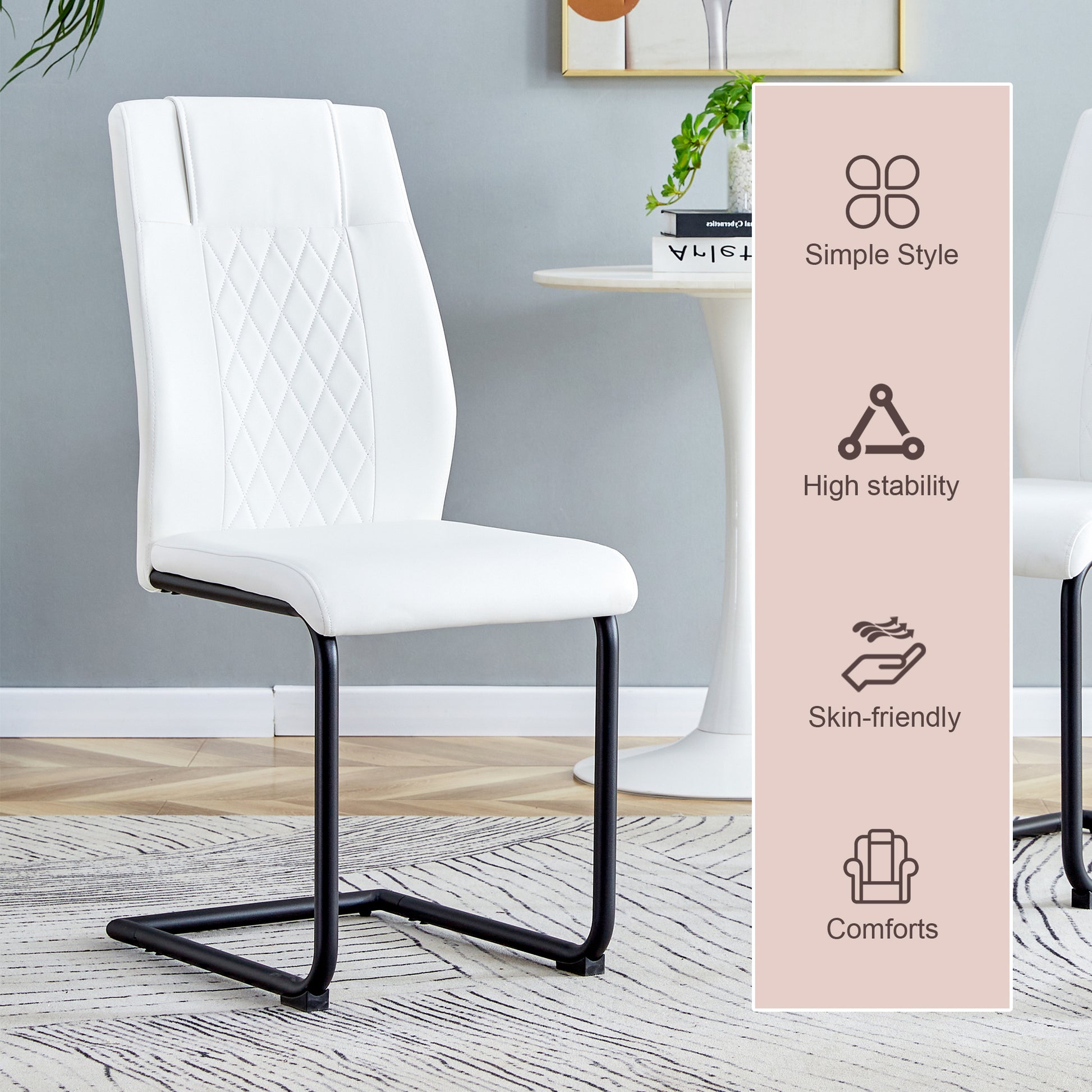 Table And Chair Set. Large Modern Rectangular Table With Black Textured Top And Black Metal Legs. Soft And Comfortable Pu Seats, Faux Leather Upholstered Seats And Sturdy Metal Legs. White Black Seats 4 Sintered Stone