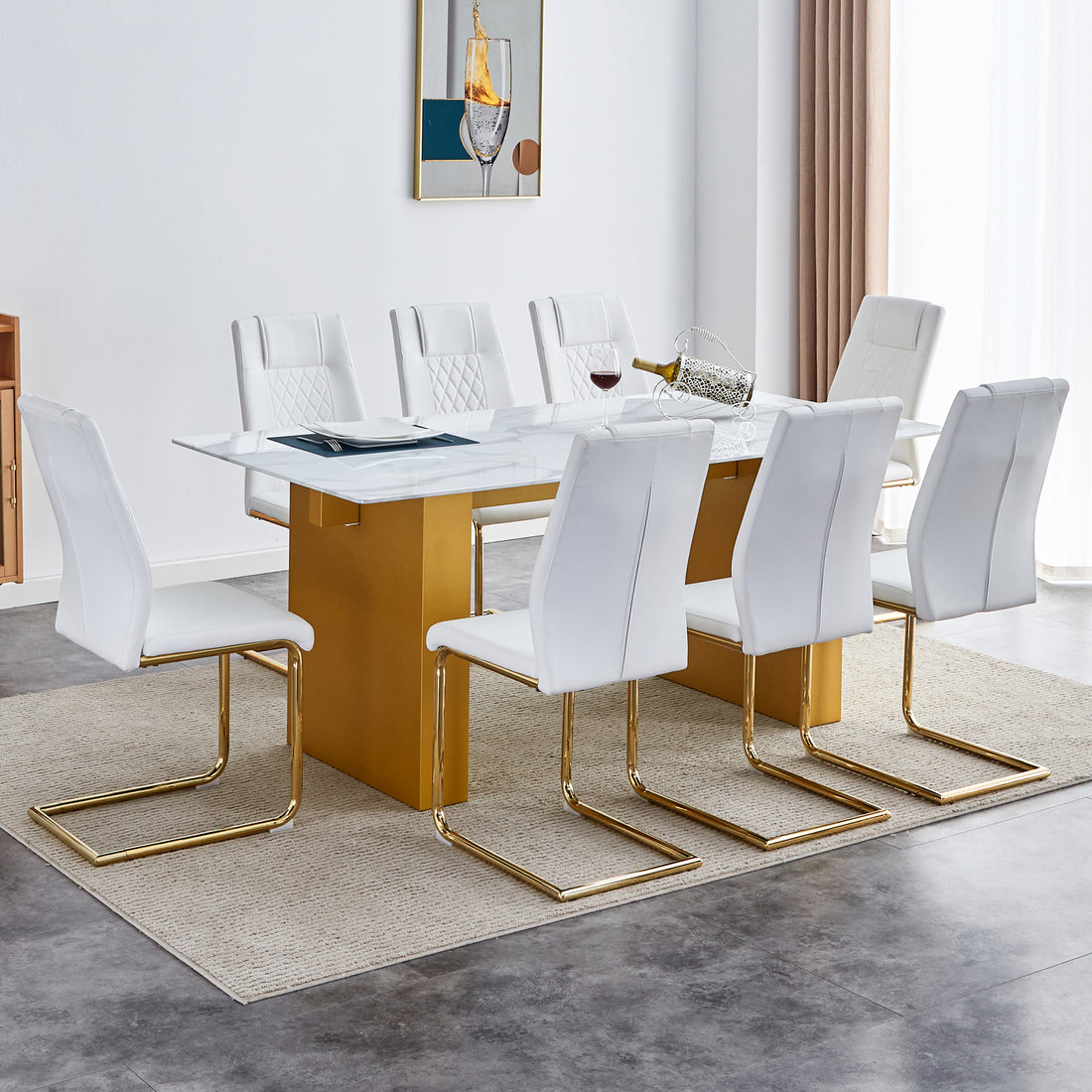 Table And Chair Set.Large Modern Rectangular Table With 0.4 Inch Patterned Glass Tabletop And Large Mdf Table Legs.Comes With 8 Chairs With Faux Leather Cushioned Seats And Golden Metal Legs. Gold White Seats 8 Mdf Glass